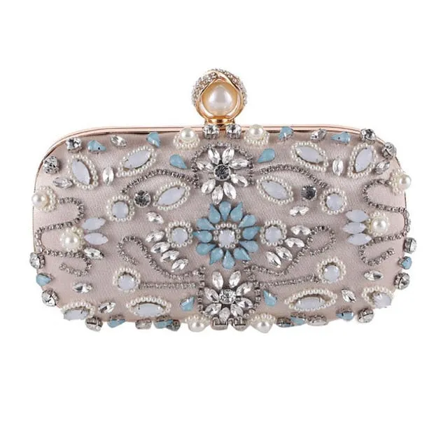 Female Luxury Simulated Diamond & Faux Pearls Floral Pattern PU Evening Clutches