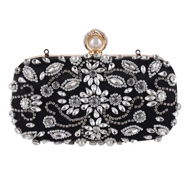 Female Luxury Simulated Diamond & Faux Pearls Floral Pattern PU Evening Clutches