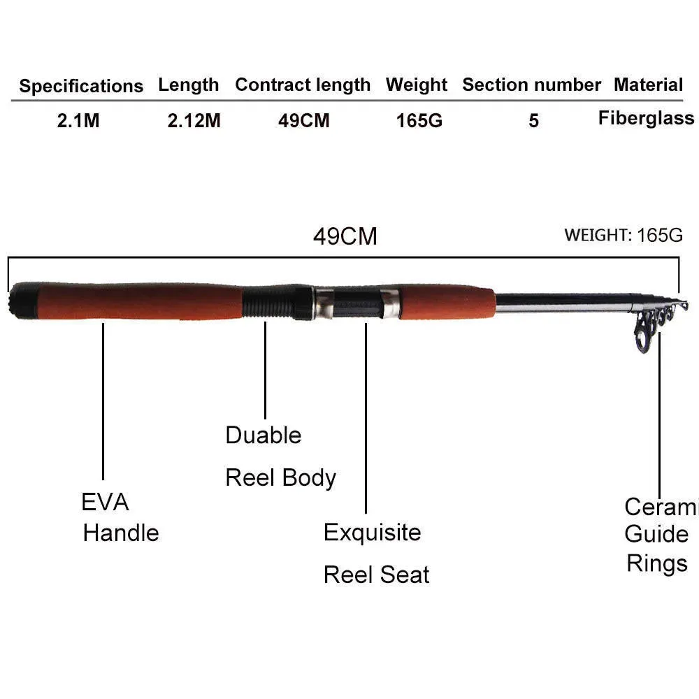 Fishing Reel and Rod Set With Spinning Reel 2.1m Telescopic Fishing Rod Combo