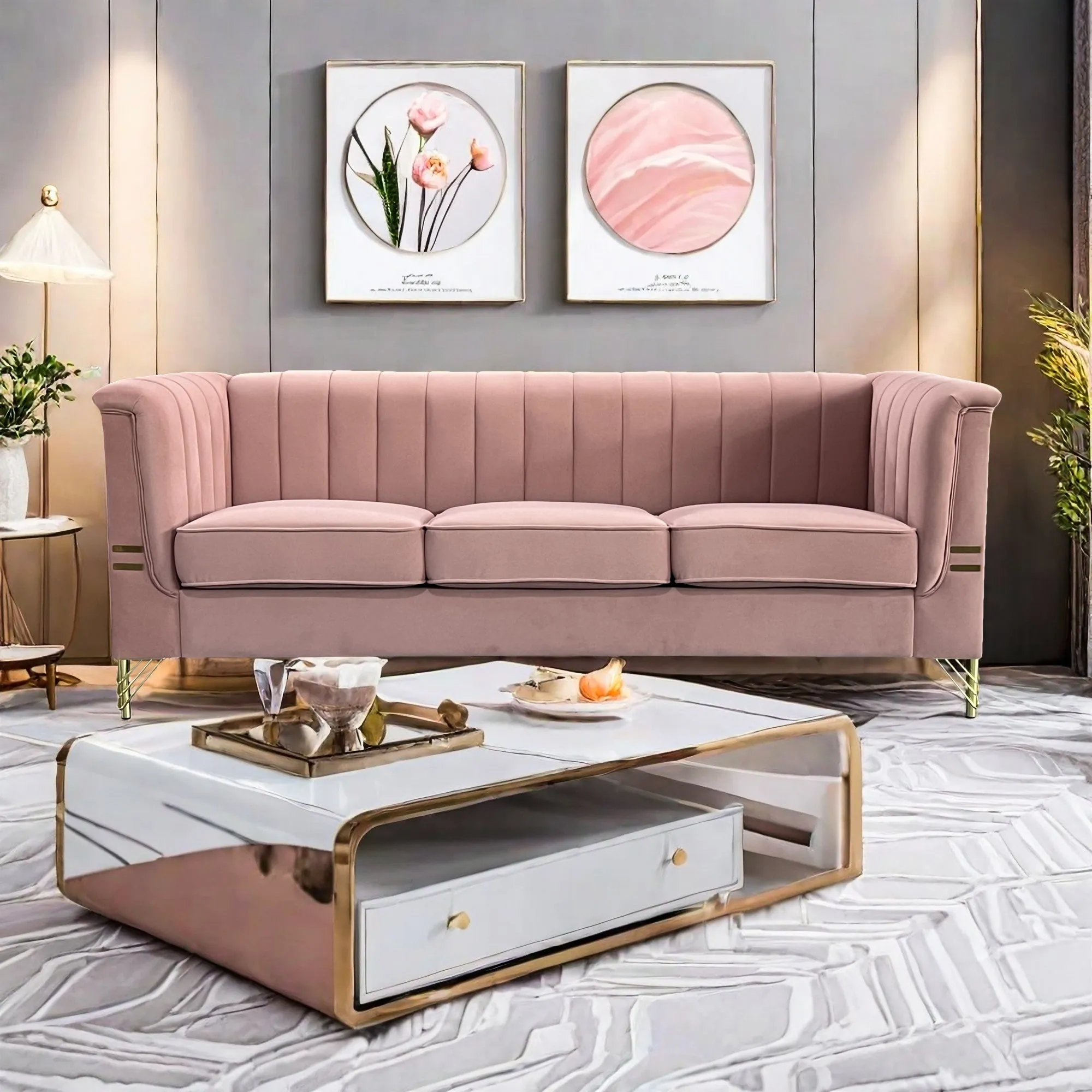 FX-P82-PK(SOFA)-Modern Designs Velvet Upholstered Living Room Sofa, 3 Seat Sofa Couch with  Golden Metal Legs for Home, Apartment or Office  Pink SOFA