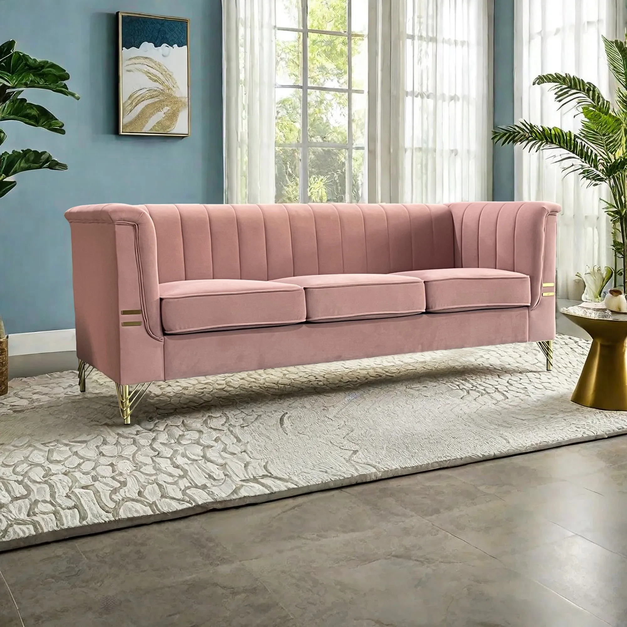 FX-P82-PK(SOFA)-Modern Designs Velvet Upholstered Living Room Sofa, 3 Seat Sofa Couch with  Golden Metal Legs for Home, Apartment or Office  Pink SOFA