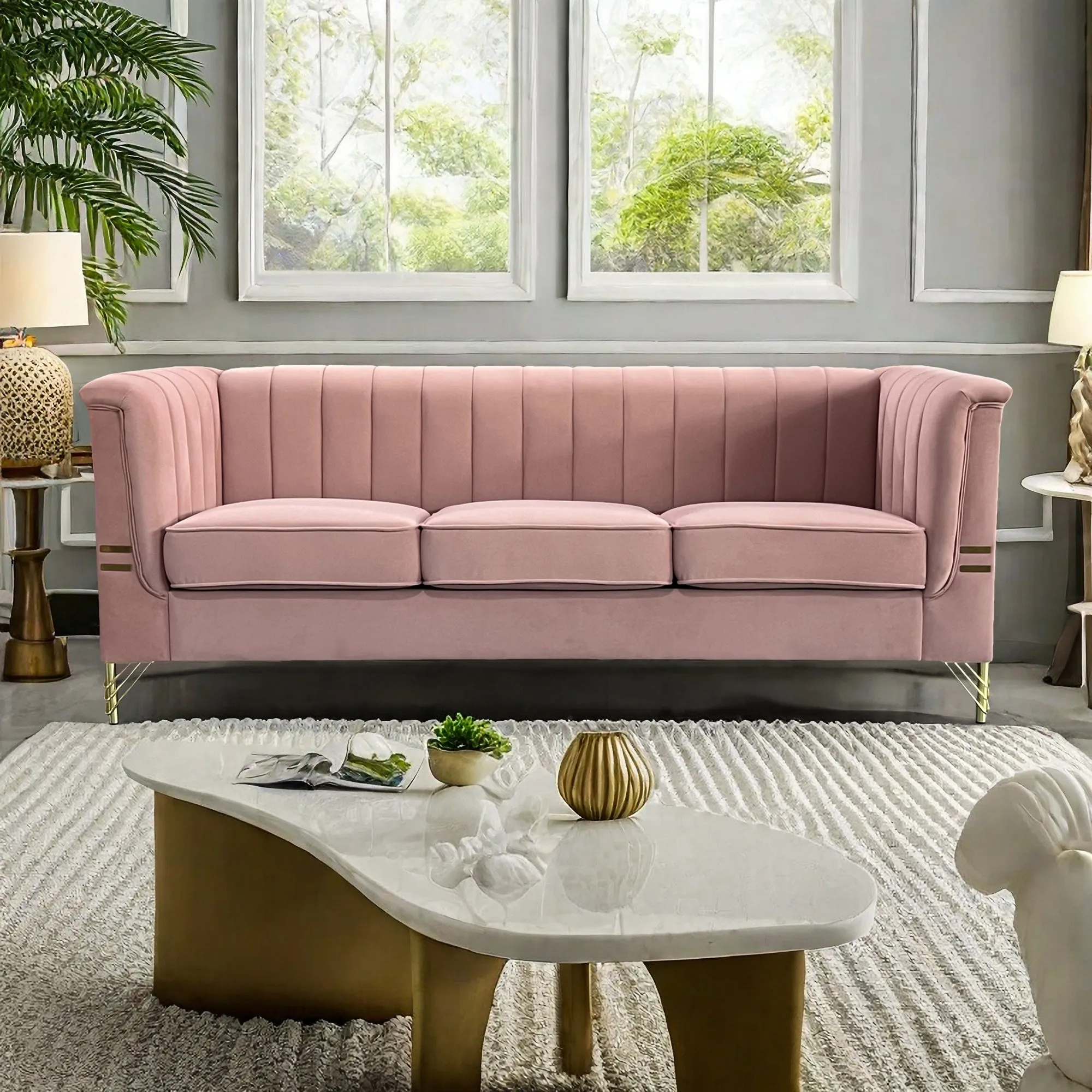 FX-P82-PK(SOFA)-Modern Designs Velvet Upholstered Living Room Sofa, 3 Seat Sofa Couch with  Golden Metal Legs for Home, Apartment or Office  Pink SOFA