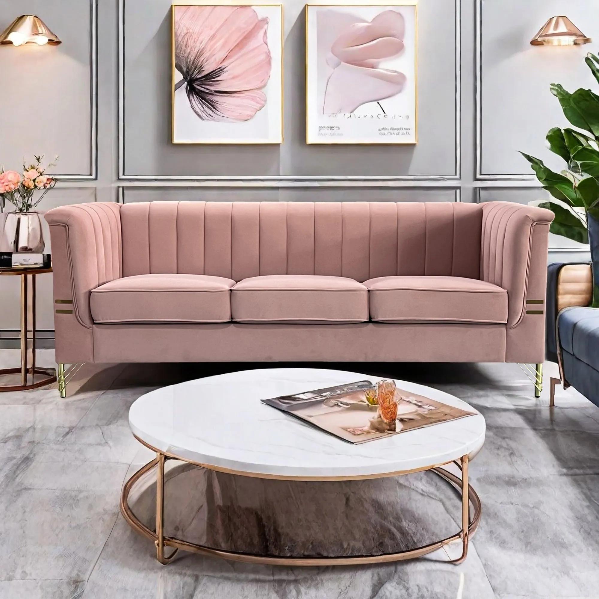 FX-P82-PK(SOFA)-Modern Designs Velvet Upholstered Living Room Sofa, 3 Seat Sofa Couch with  Golden Metal Legs for Home, Apartment or Office  Pink SOFA