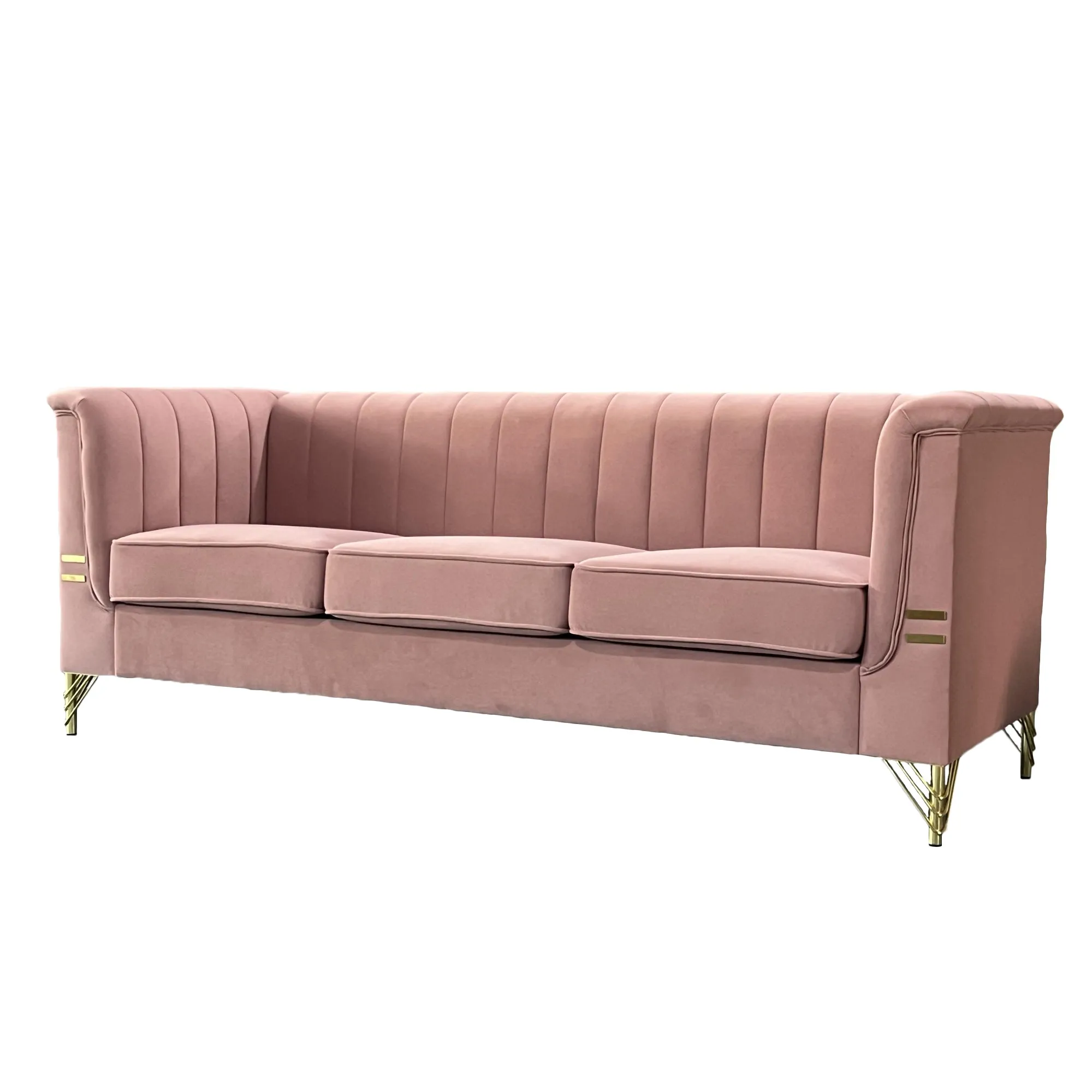 FX-P82-PK(SOFA)-Modern Designs Velvet Upholstered Living Room Sofa, 3 Seat Sofa Couch with  Golden Metal Legs for Home, Apartment or Office  Pink SOFA