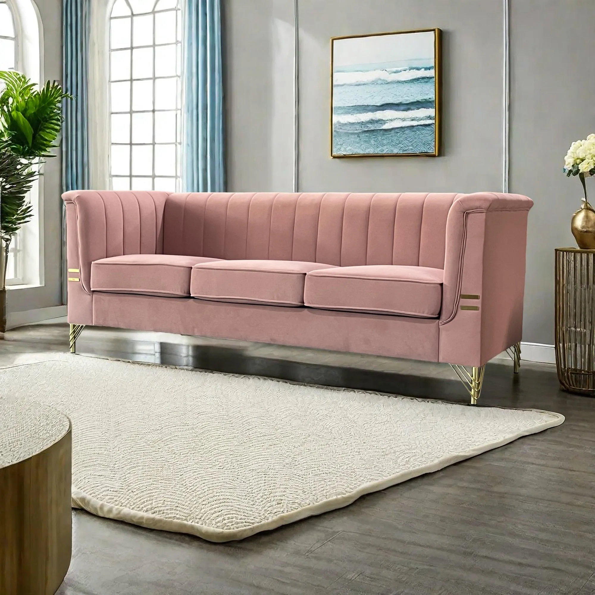 FX-P82-PK(SOFA)-Modern Designs Velvet Upholstered Living Room Sofa, 3 Seat Sofa Couch with  Golden Metal Legs for Home, Apartment or Office  Pink SOFA