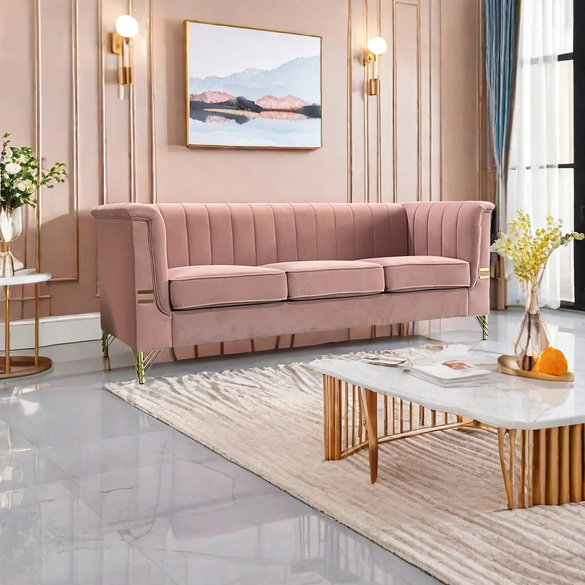 FX-P82-PK(SOFA)-Modern Designs Velvet Upholstered Living Room Sofa, 3 Seat Sofa Couch with  Golden Metal Legs for Home, Apartment or Office  Pink SOFA