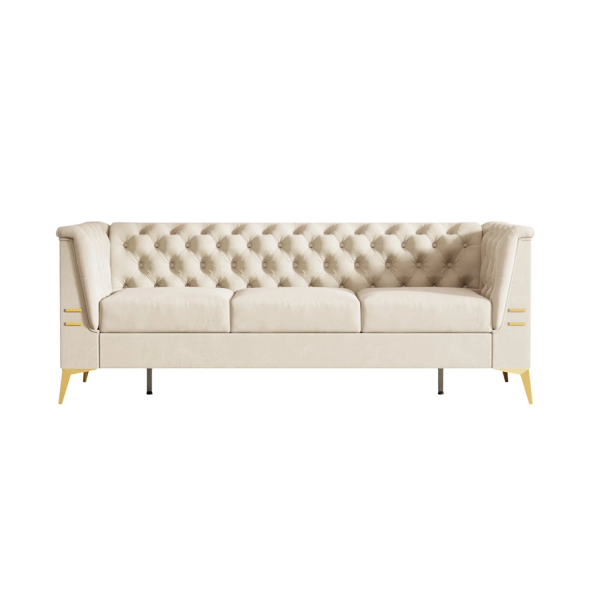 FX-P83-CW (sofa) -Modern Velvet Living Room Chesterfield design 82.7inch Wide Sofa cream white color