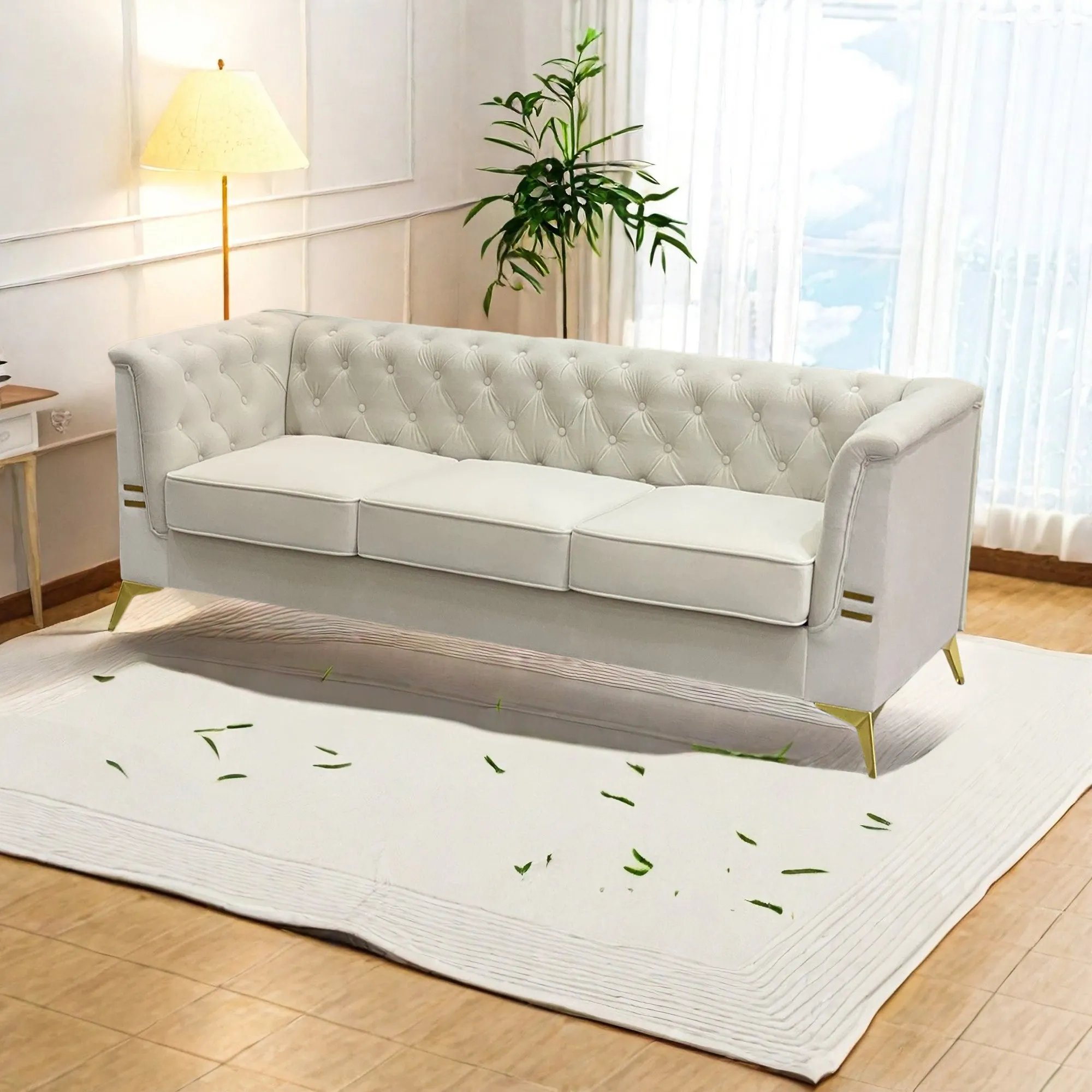 FX-P83-CW (sofa) -Modern Velvet Living Room Chesterfield design 82.7inch Wide Sofa cream white color