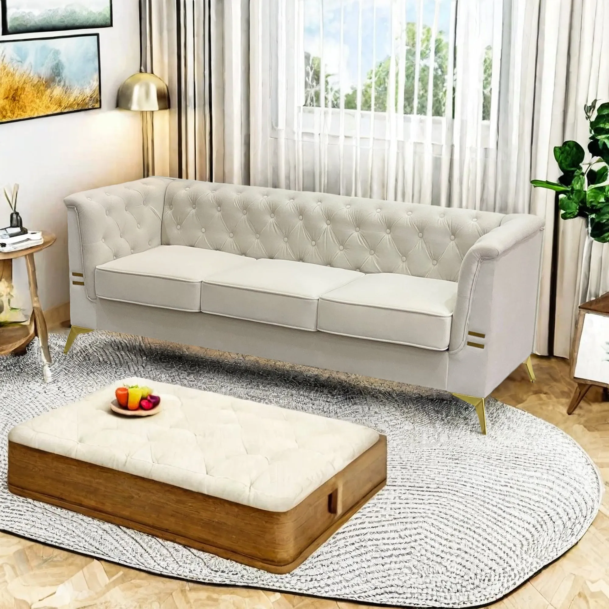 FX-P83-CW (sofa) -Modern Velvet Living Room Chesterfield design 82.7inch Wide Sofa cream white color