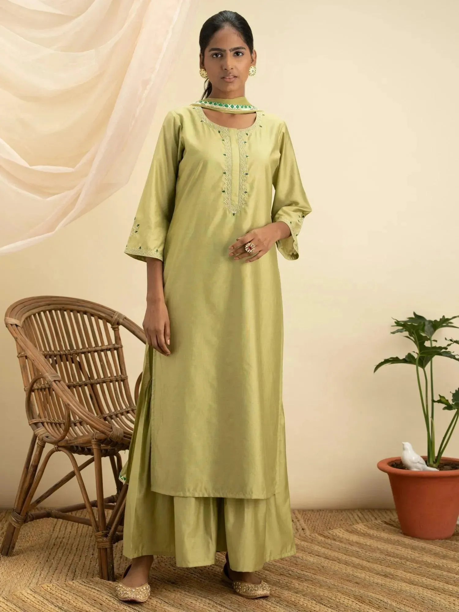 Green Embroidered Silk Straight Kurta With Sharara & Dupatta