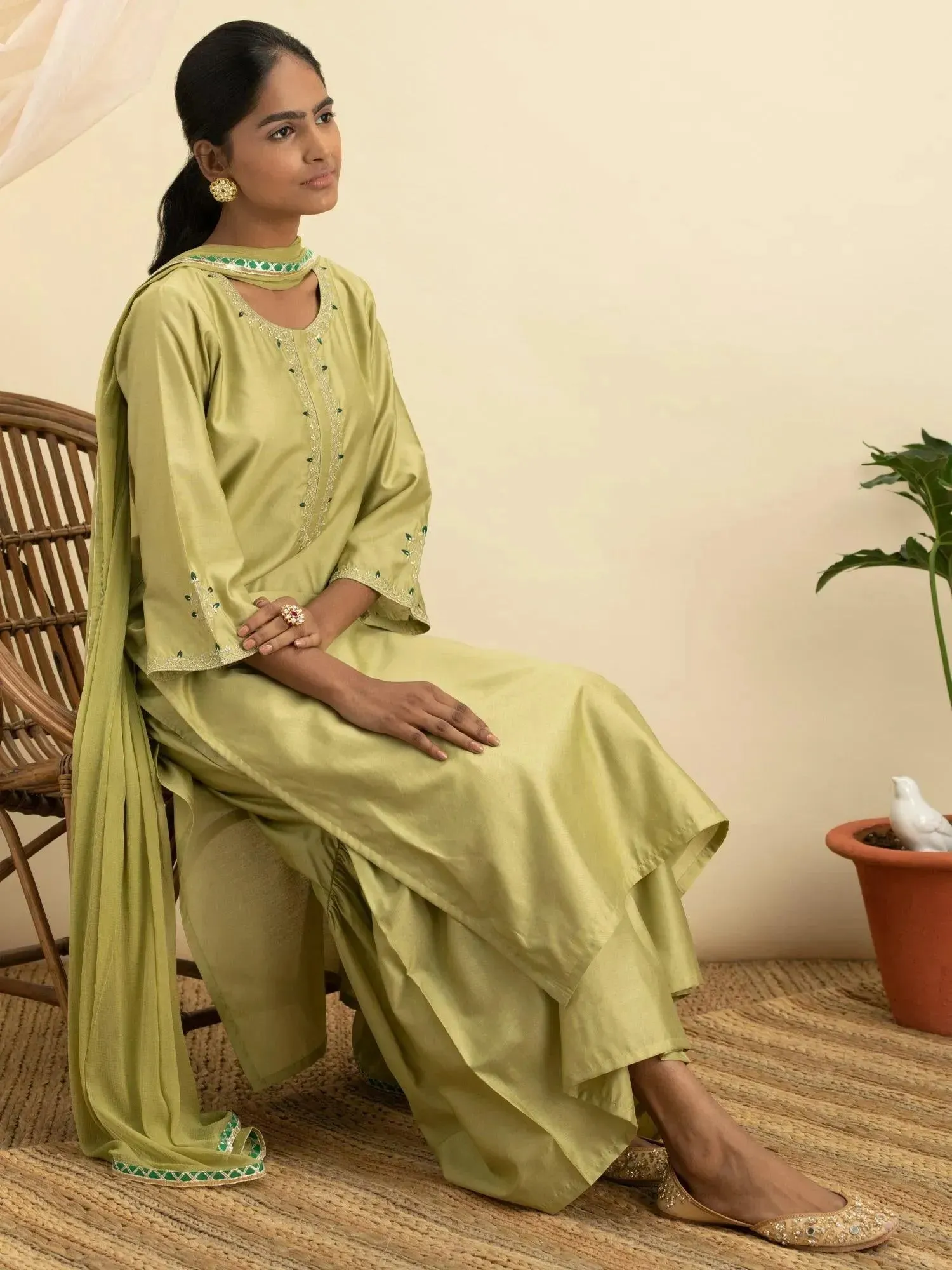 Green Embroidered Silk Straight Kurta With Sharara & Dupatta