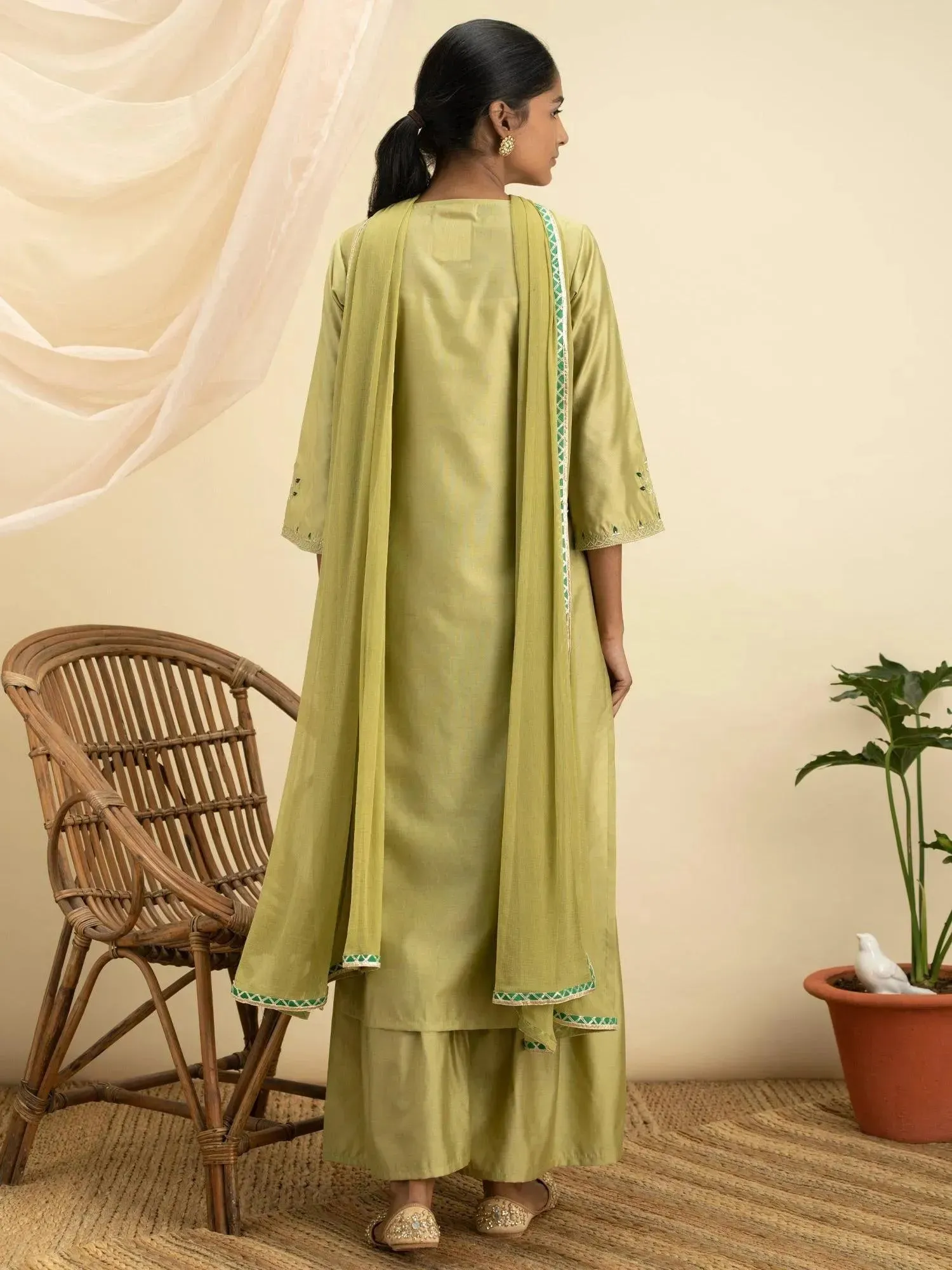 Green Embroidered Silk Straight Kurta With Sharara & Dupatta