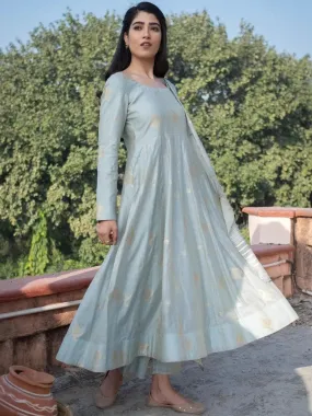 Grey Self Design Chanderi Silk Anarkali Kurta With Palazzos & Dupatta