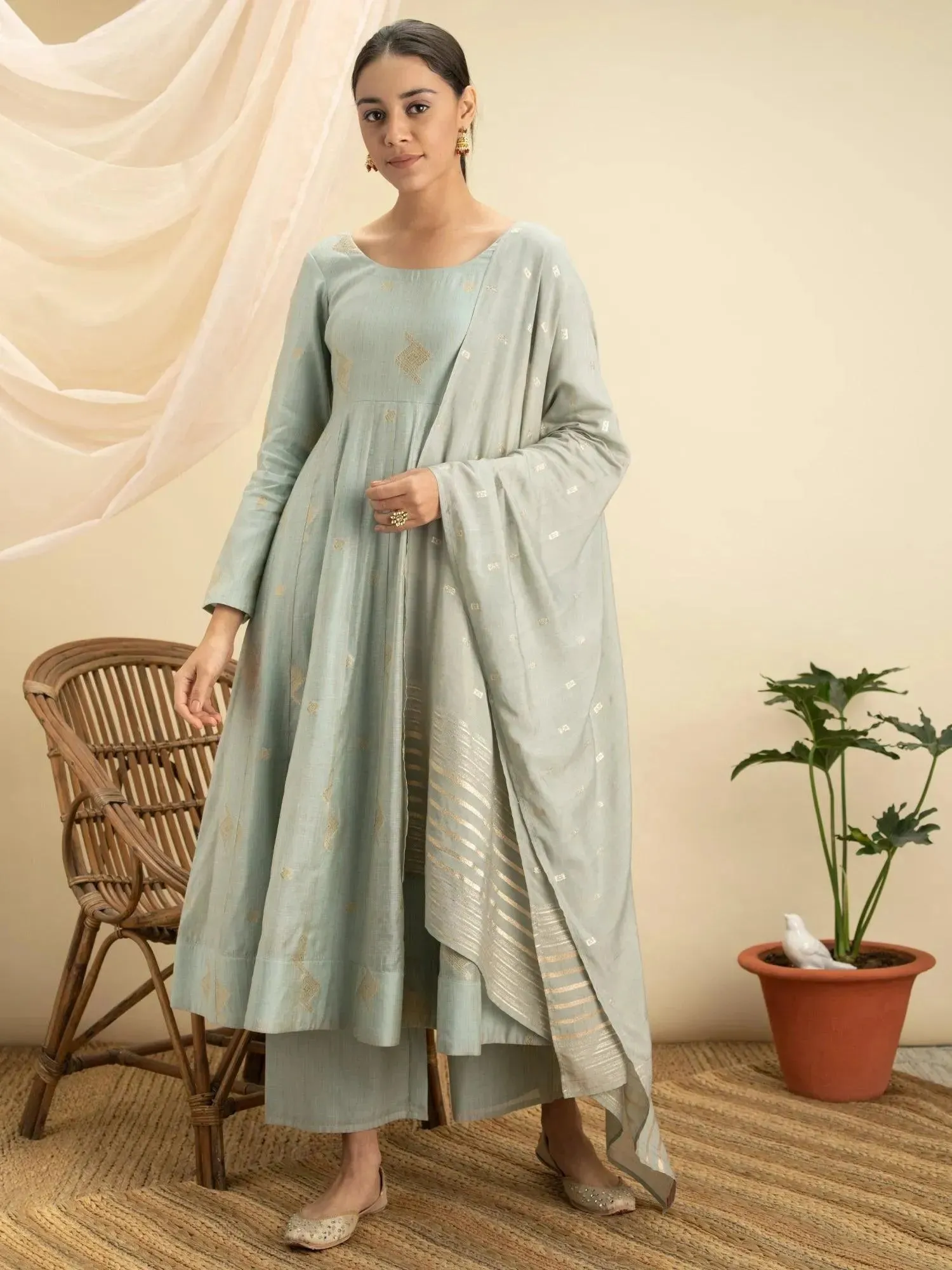 Grey Self Design Chanderi Silk Anarkali Kurta With Palazzos & Dupatta