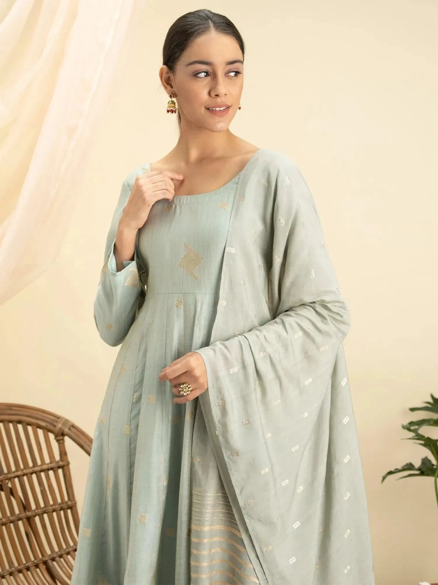 Grey Self Design Chanderi Silk Anarkali Kurta With Palazzos & Dupatta