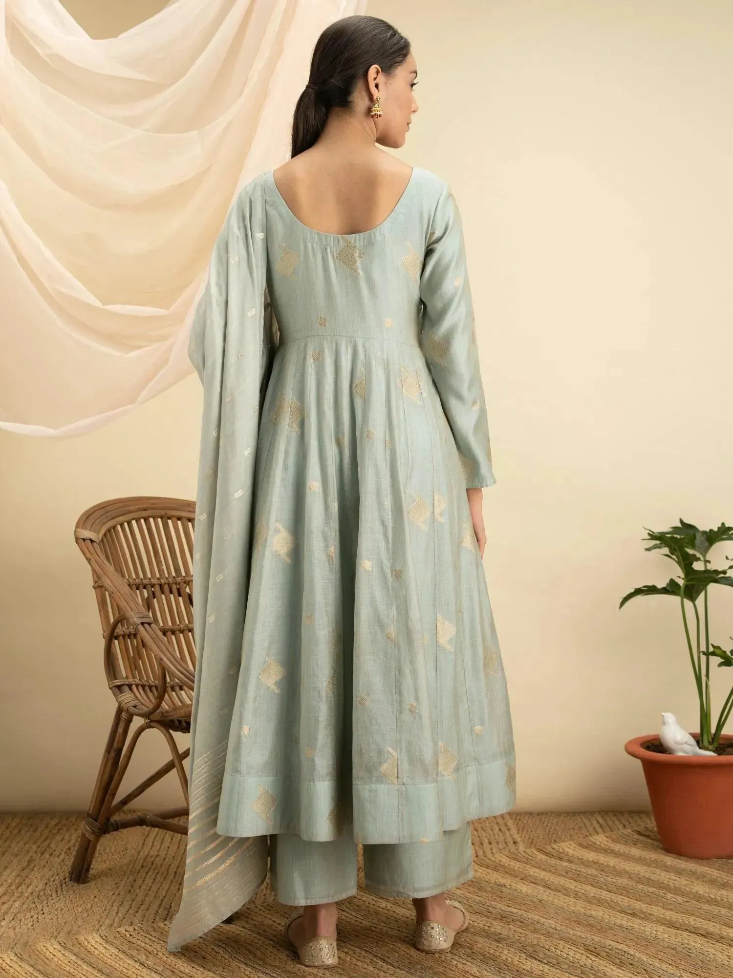 Grey Self Design Chanderi Silk Anarkali Kurta With Palazzos & Dupatta