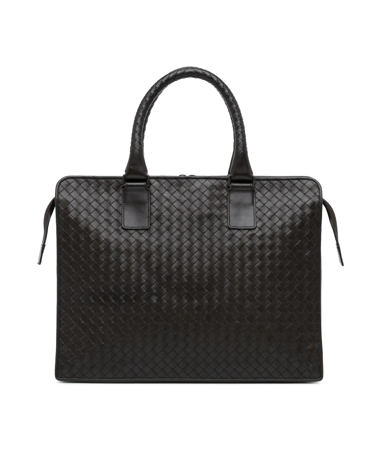 Intrecciato Woven Leather Business Bag with Top Zip and Interior Compartments