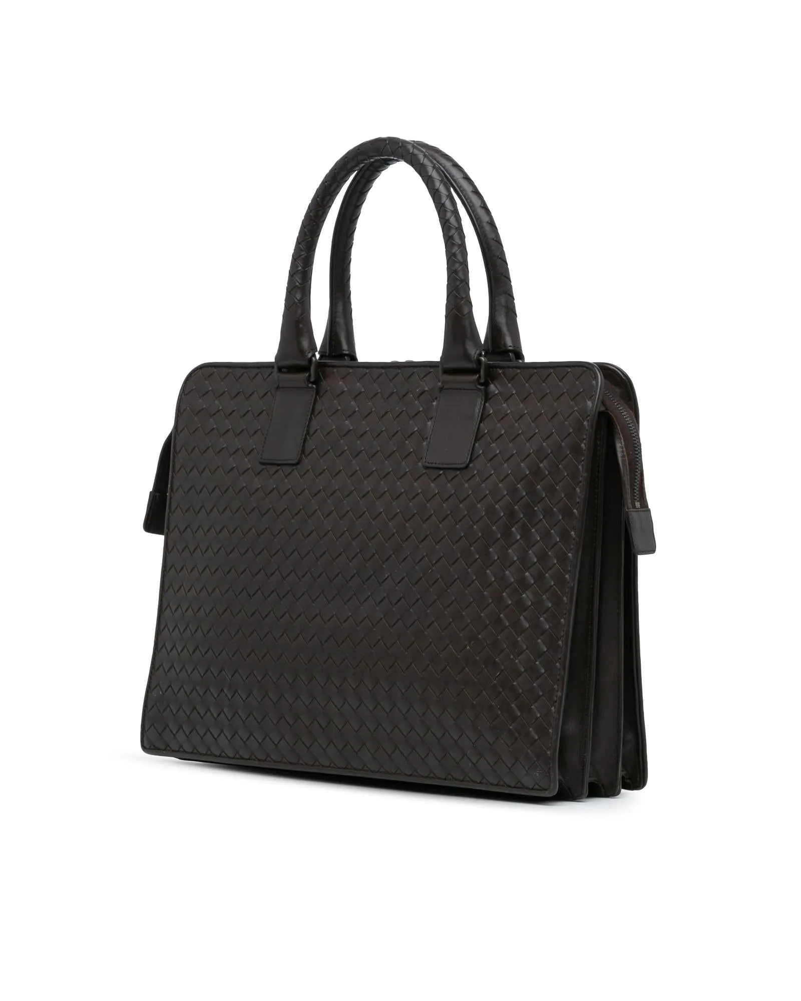 Intrecciato Woven Leather Business Bag with Top Zip and Interior Compartments