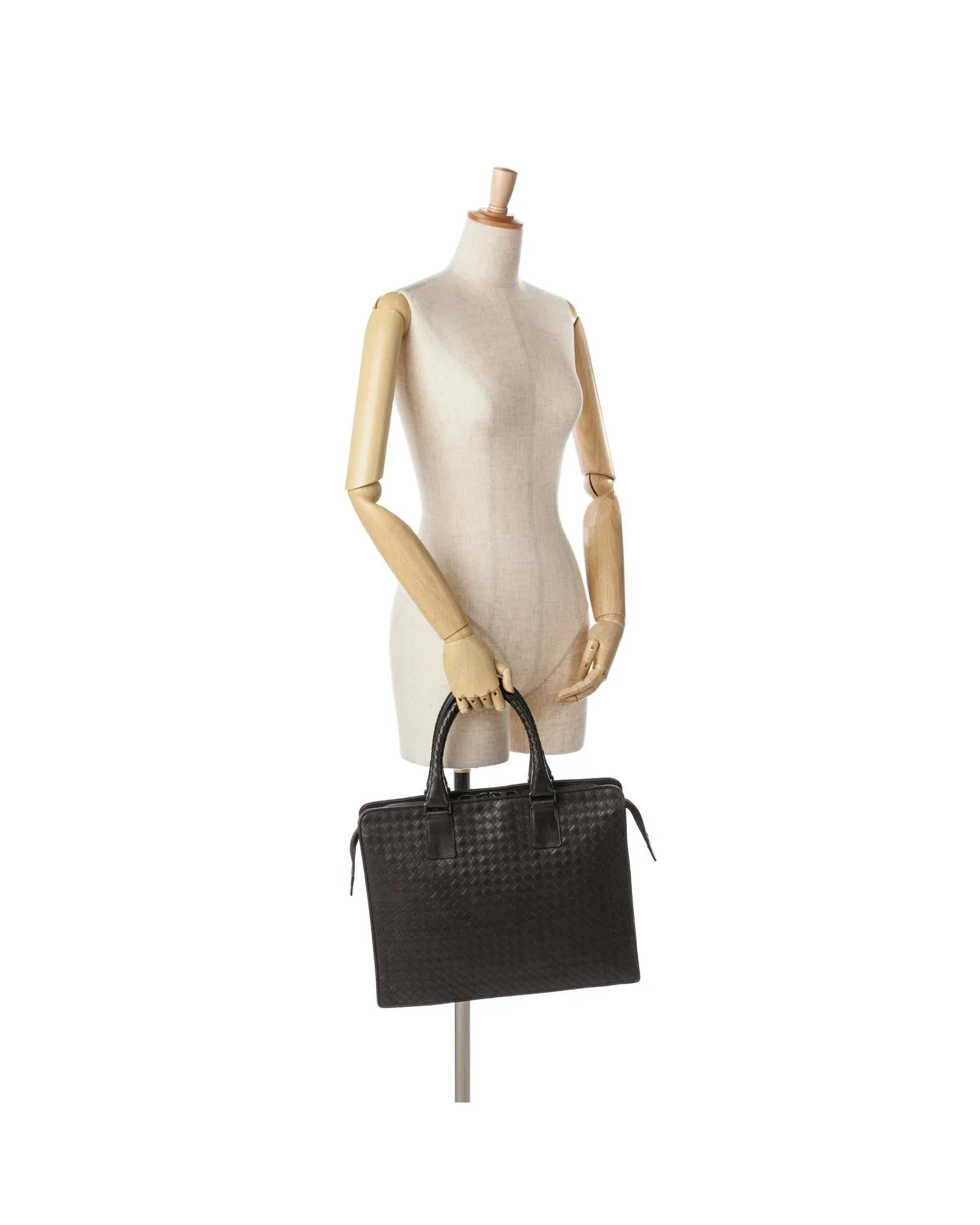 Intrecciato Woven Leather Business Bag with Top Zip and Interior Compartments