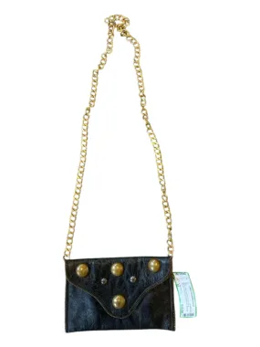 JJ Winters Black & Gold Leather Chain Strap Studded Front Flap Crossbody Bag