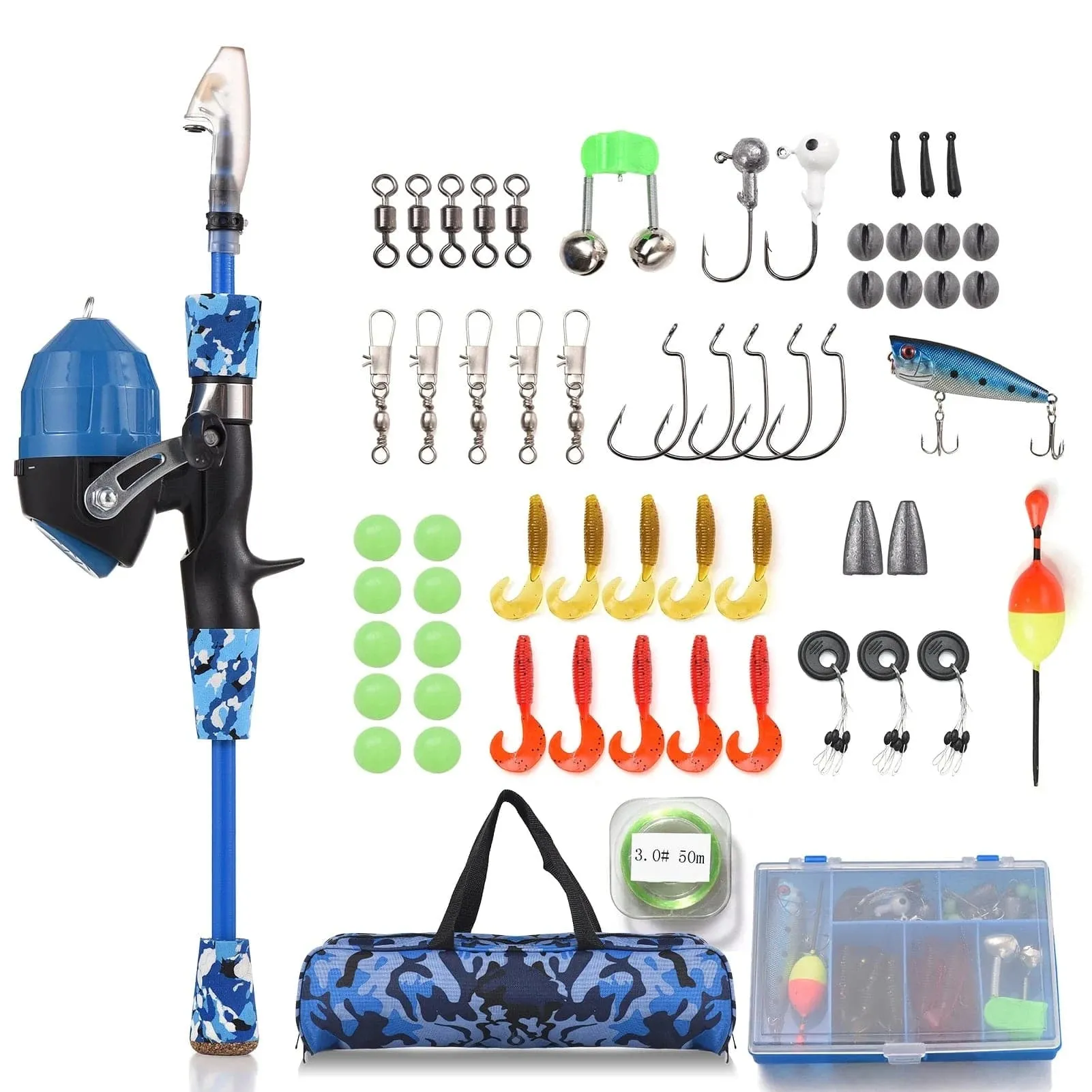 Kids Fishing Rod and Reel Combo Full Kit 1.2m/1.5m Telescopic Casting Rod Pole with Spincast Reel and Hooks Lures Swivels bag