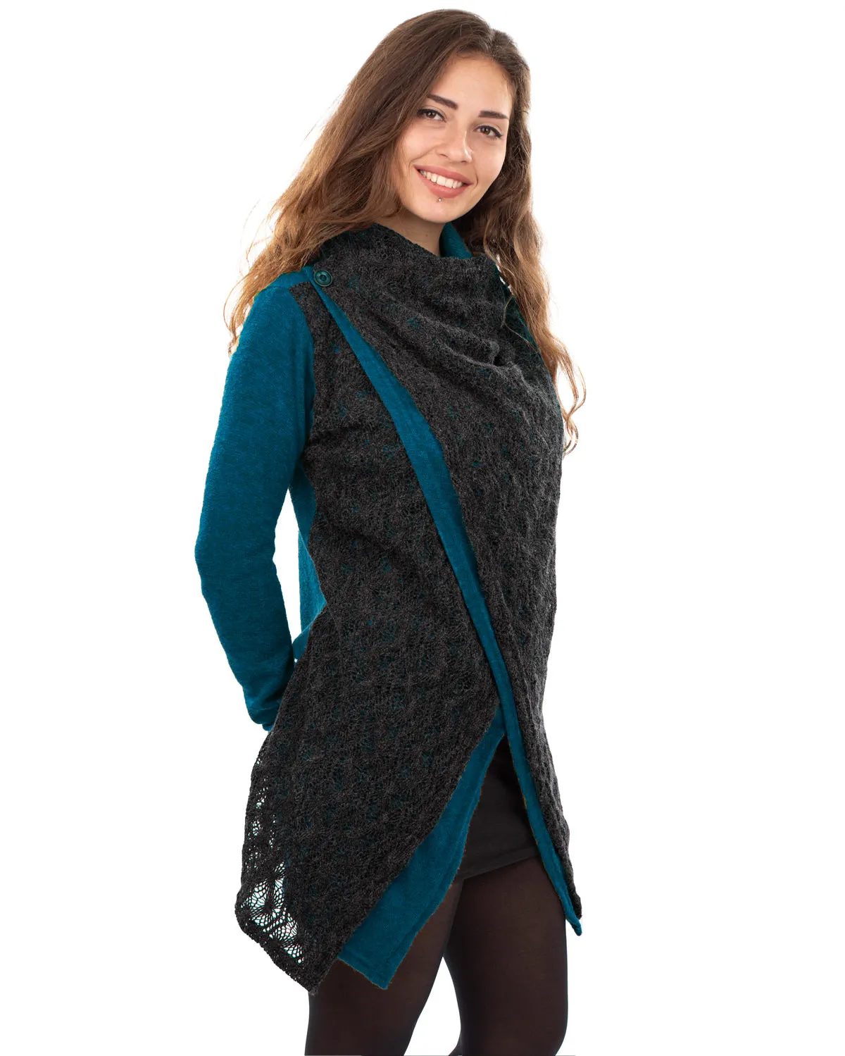 Lace Crochet Crossover Cardigan Teal/Grey