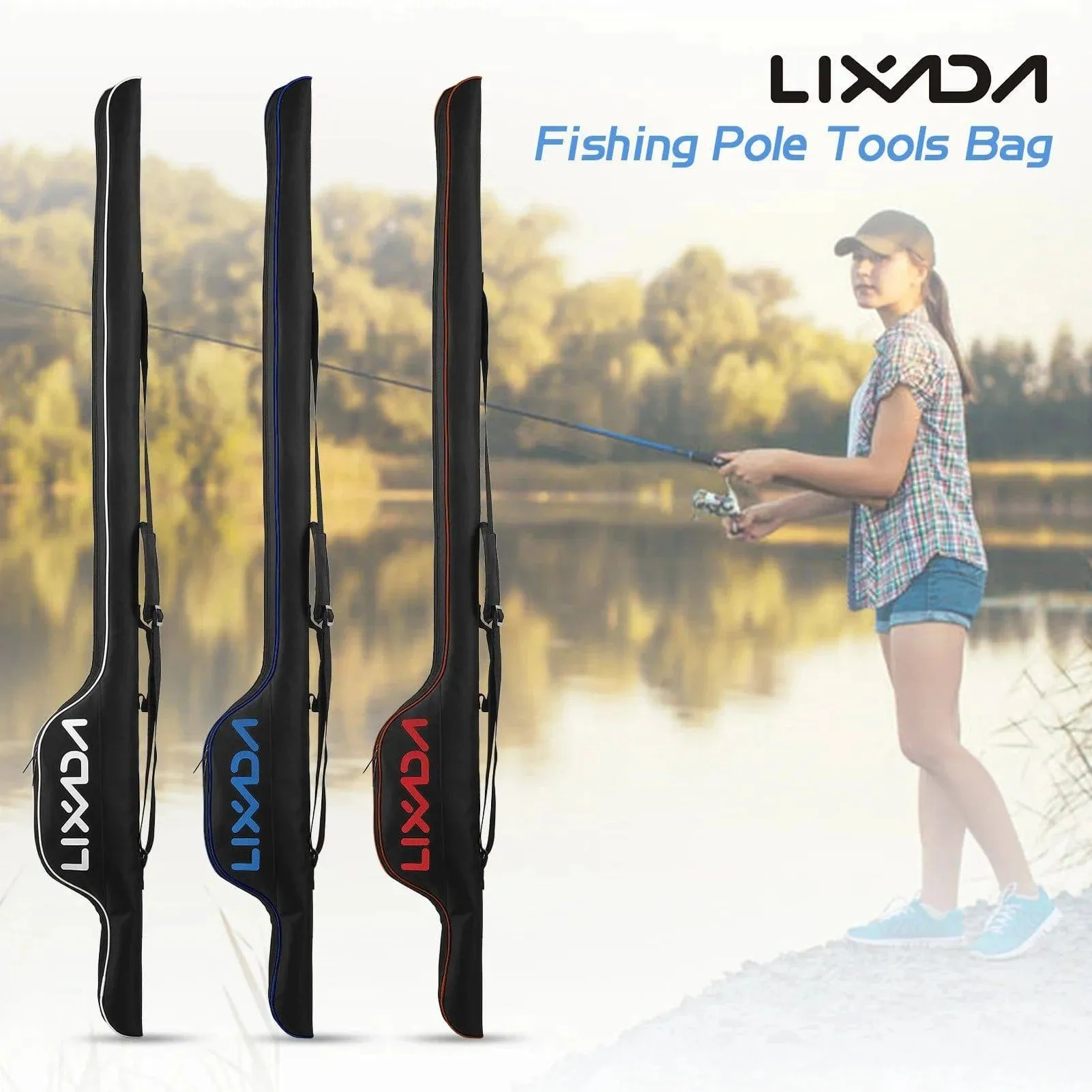 Lixada 63'' Fishing Pole Bag Portable Fishing Rod Case Folding Fishing Pole Holder Large Capacity Rod Tackle Storage Bag