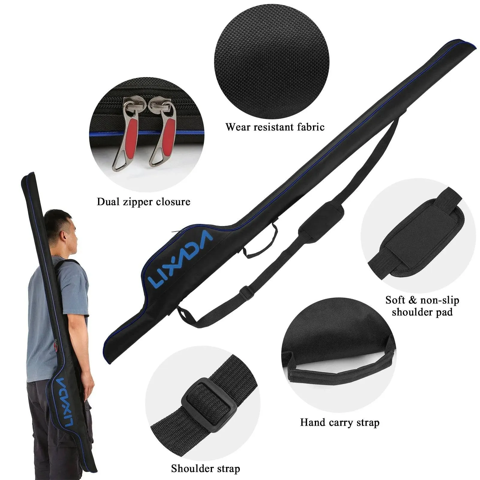 Lixada 63'' Fishing Pole Bag Portable Fishing Rod Case Folding Fishing Pole Holder Large Capacity Rod Tackle Storage Bag