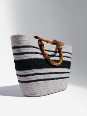 LOV Black & Beige Woven Textured Hand Bag