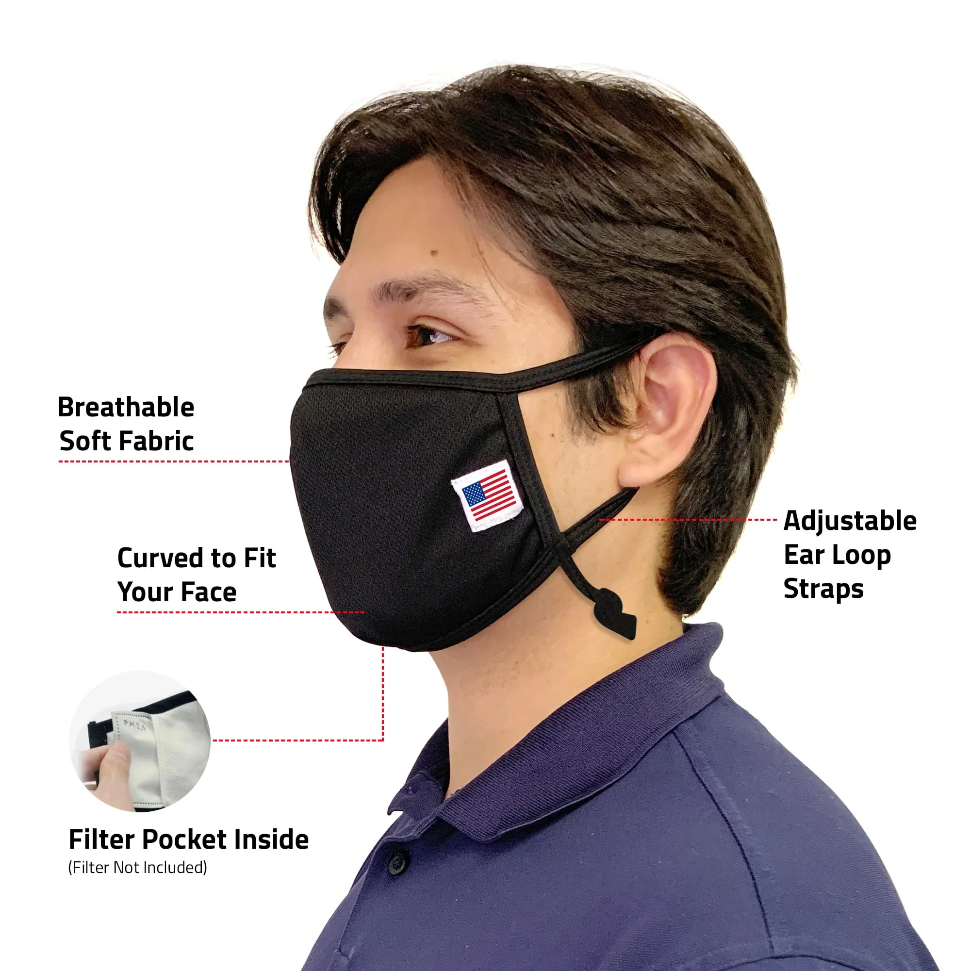 Made in USA Face Mask Adjustable Ear Filter Pocket Washable Reusable Double Layer Masks Cotton Cloth Blend