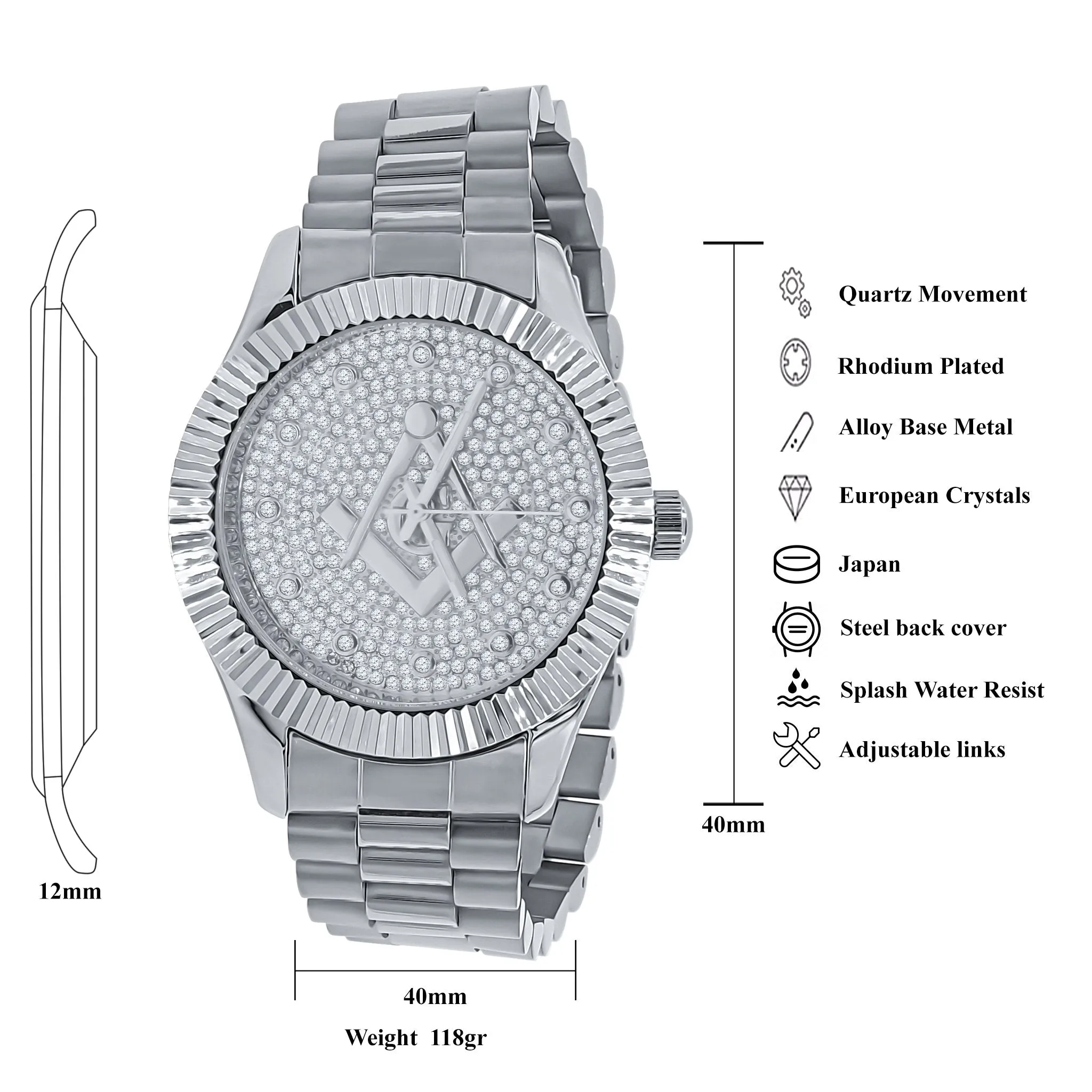 Masonic Iced Out Metallic Watch - Silver