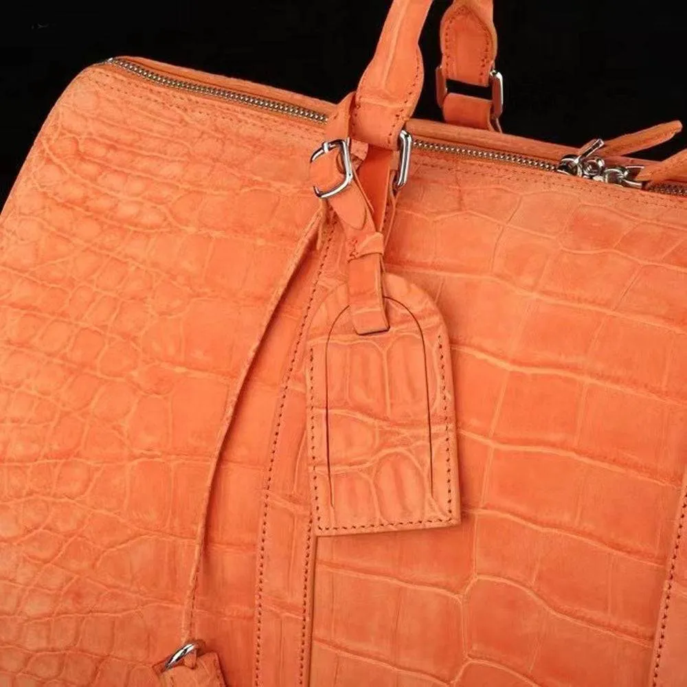 Men's Sanded Crocodile Leather Large Travel Duffle Bag Orange