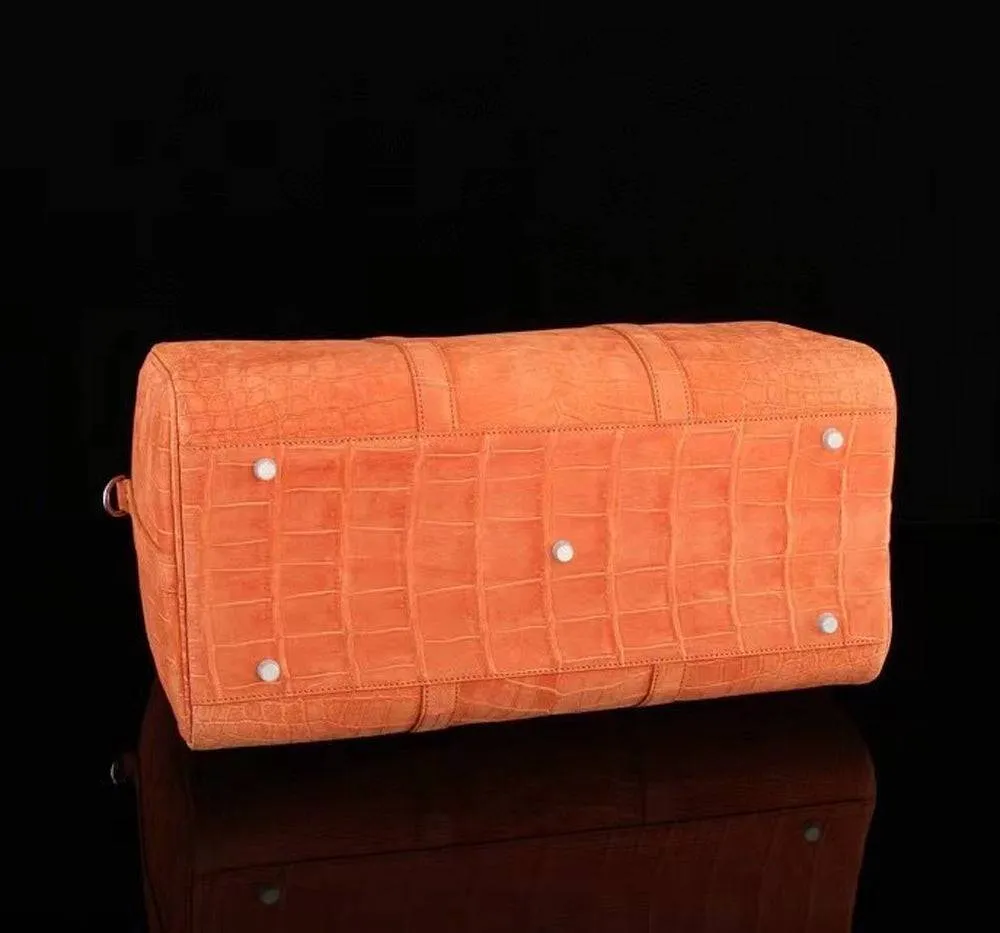 Men's Sanded Crocodile Leather Large Travel Duffle Bag Orange