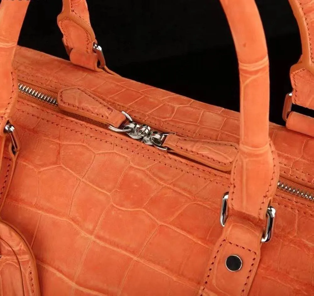 Men's Sanded Crocodile Leather Large Travel Duffle Bag Orange