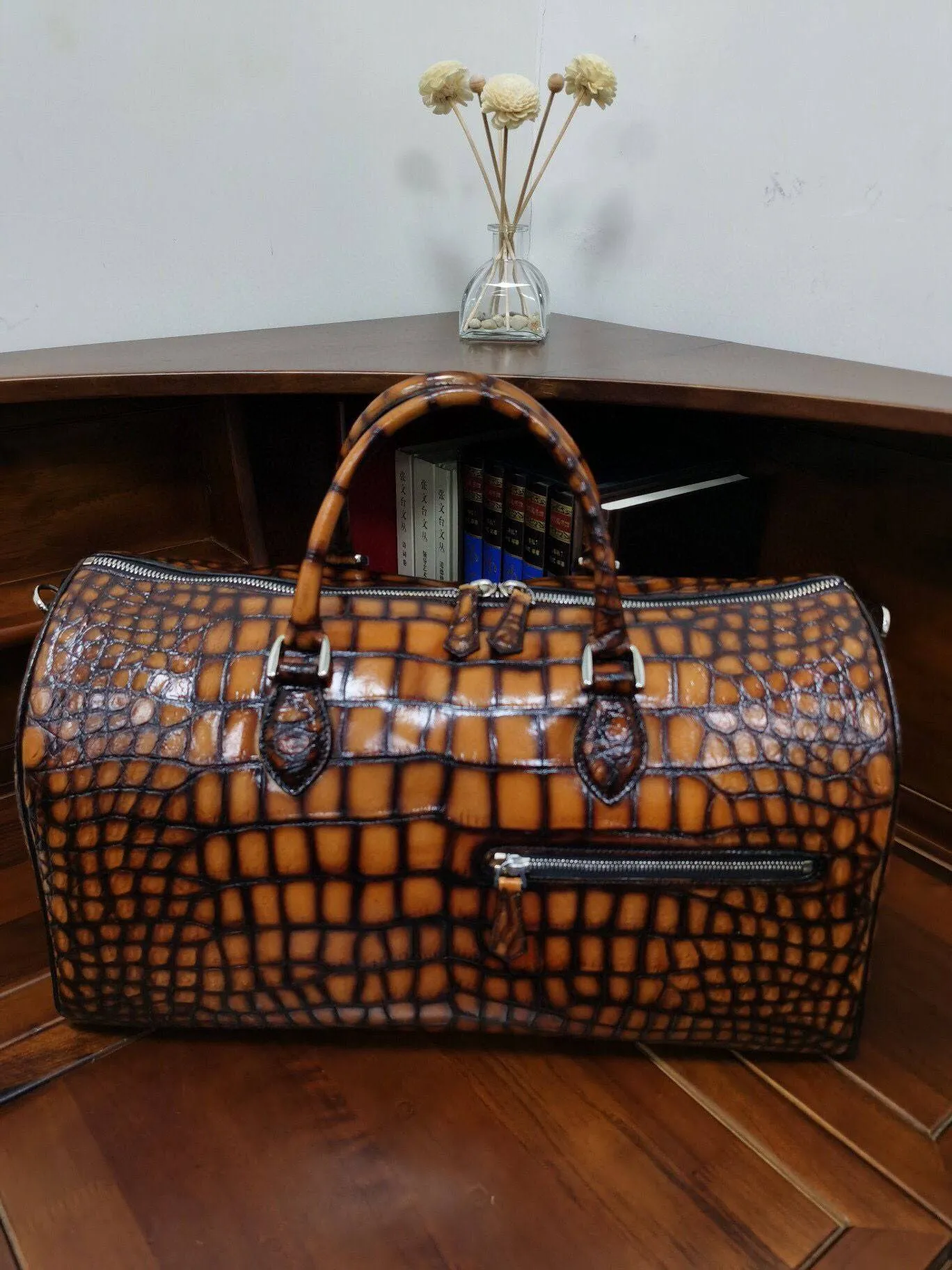 Men's Vintage Crocodile Leather Travel Duffel Holdall Bag