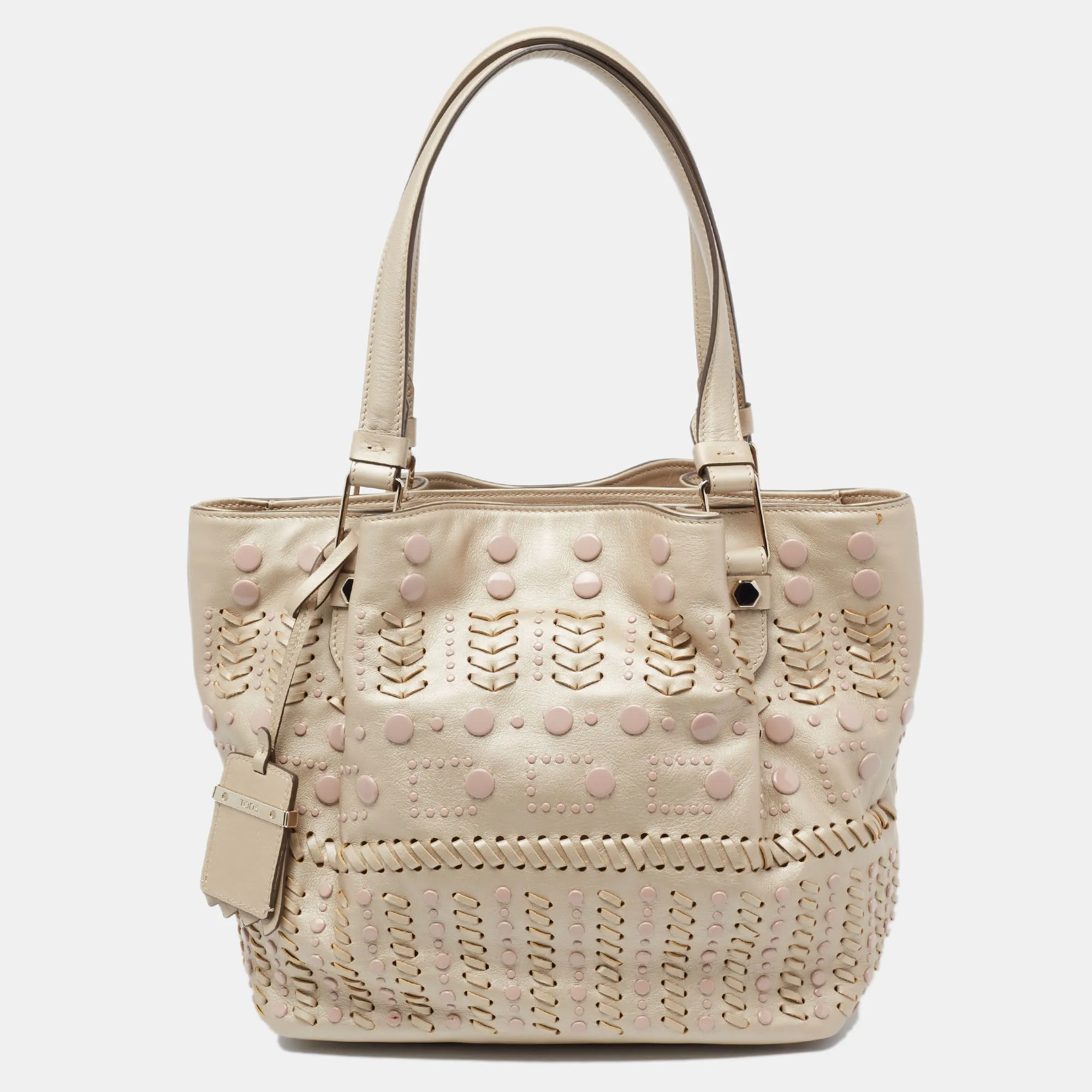 Metallic Beige Leather Studded Flower Tote