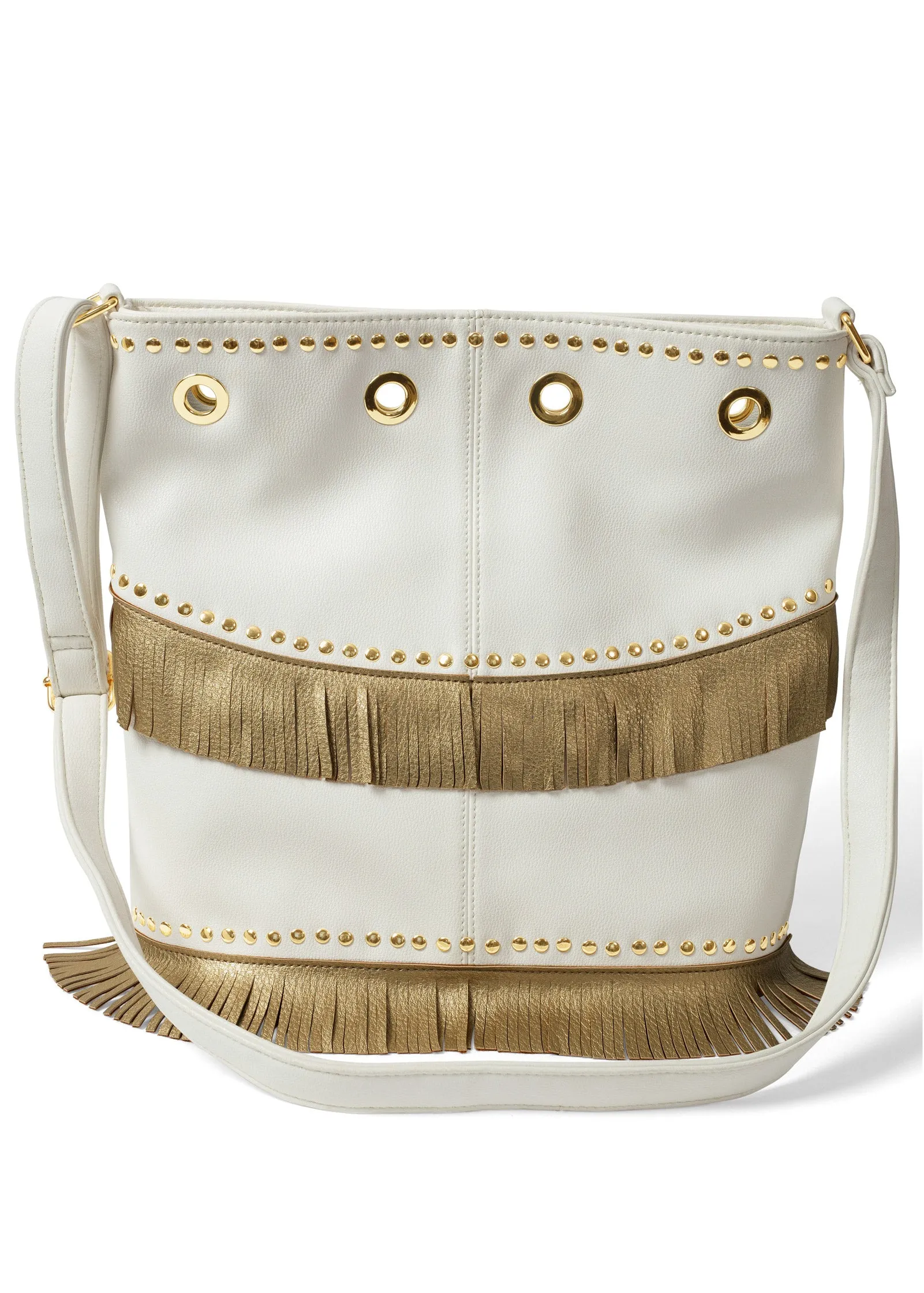 Metallic Fringe Studded Bag - White