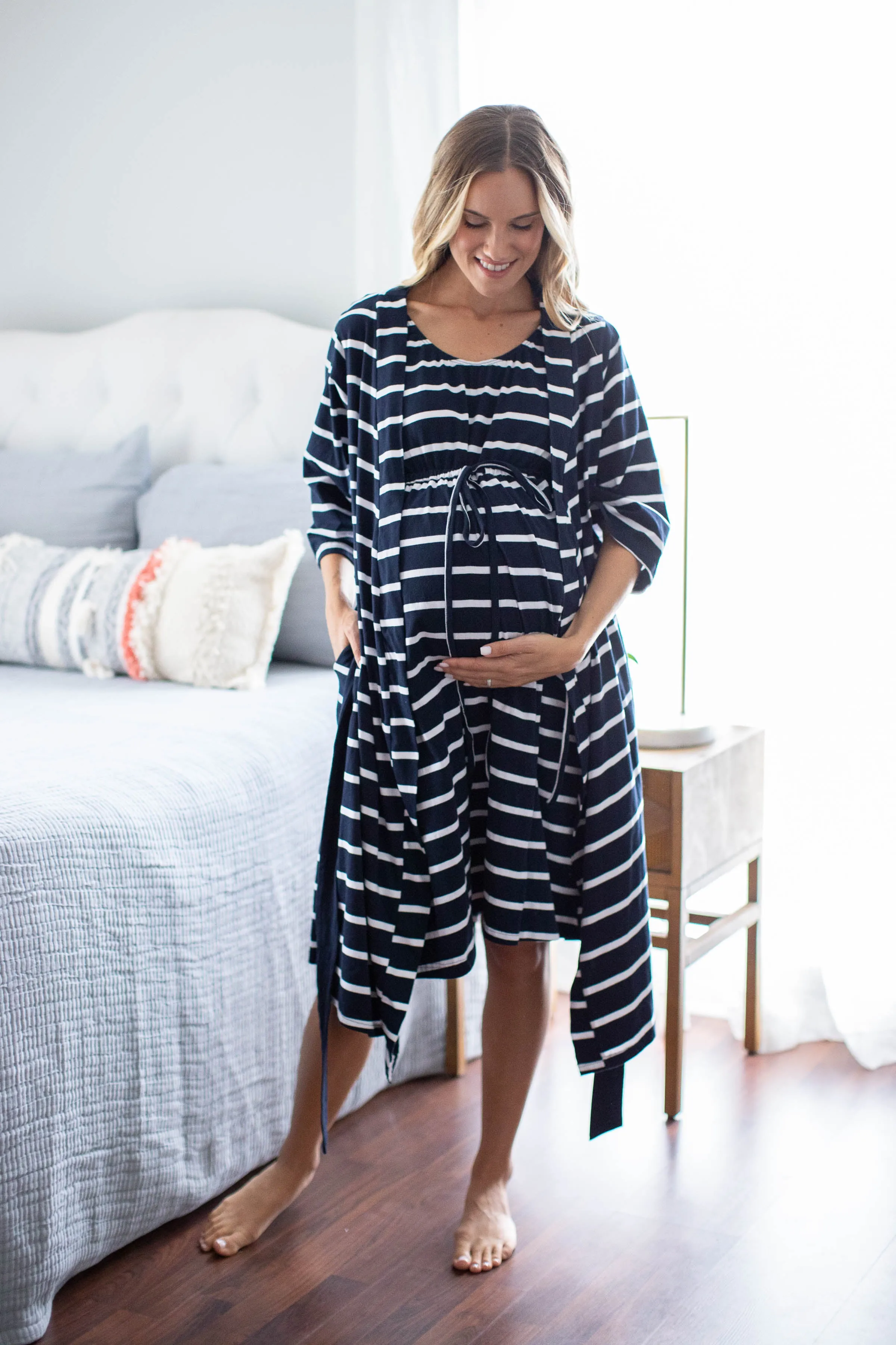 Navy Stripe 3 in 1 Labor Gown & Robe Set