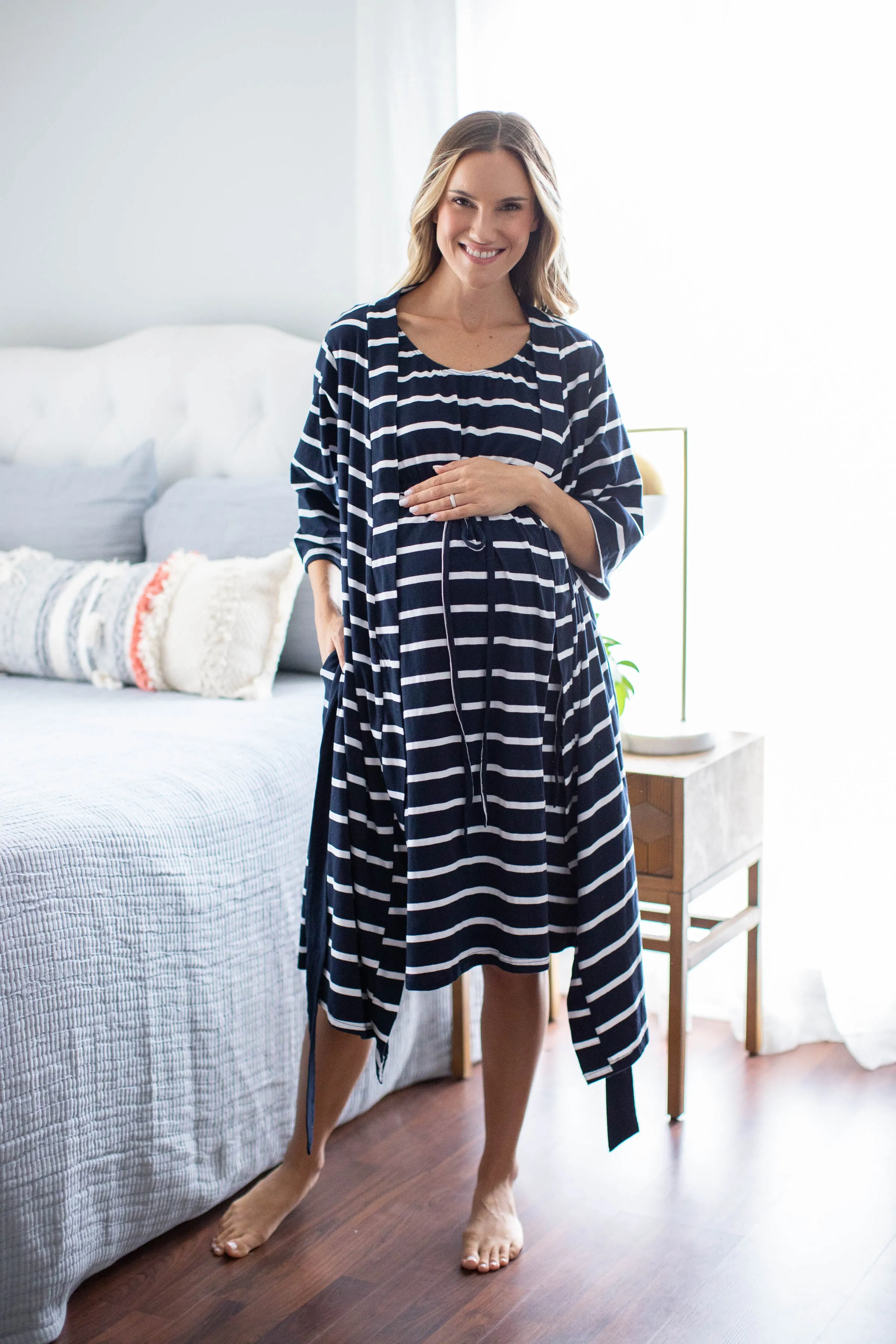 Navy Stripe 3 in 1 Labor Gown & Robe Set