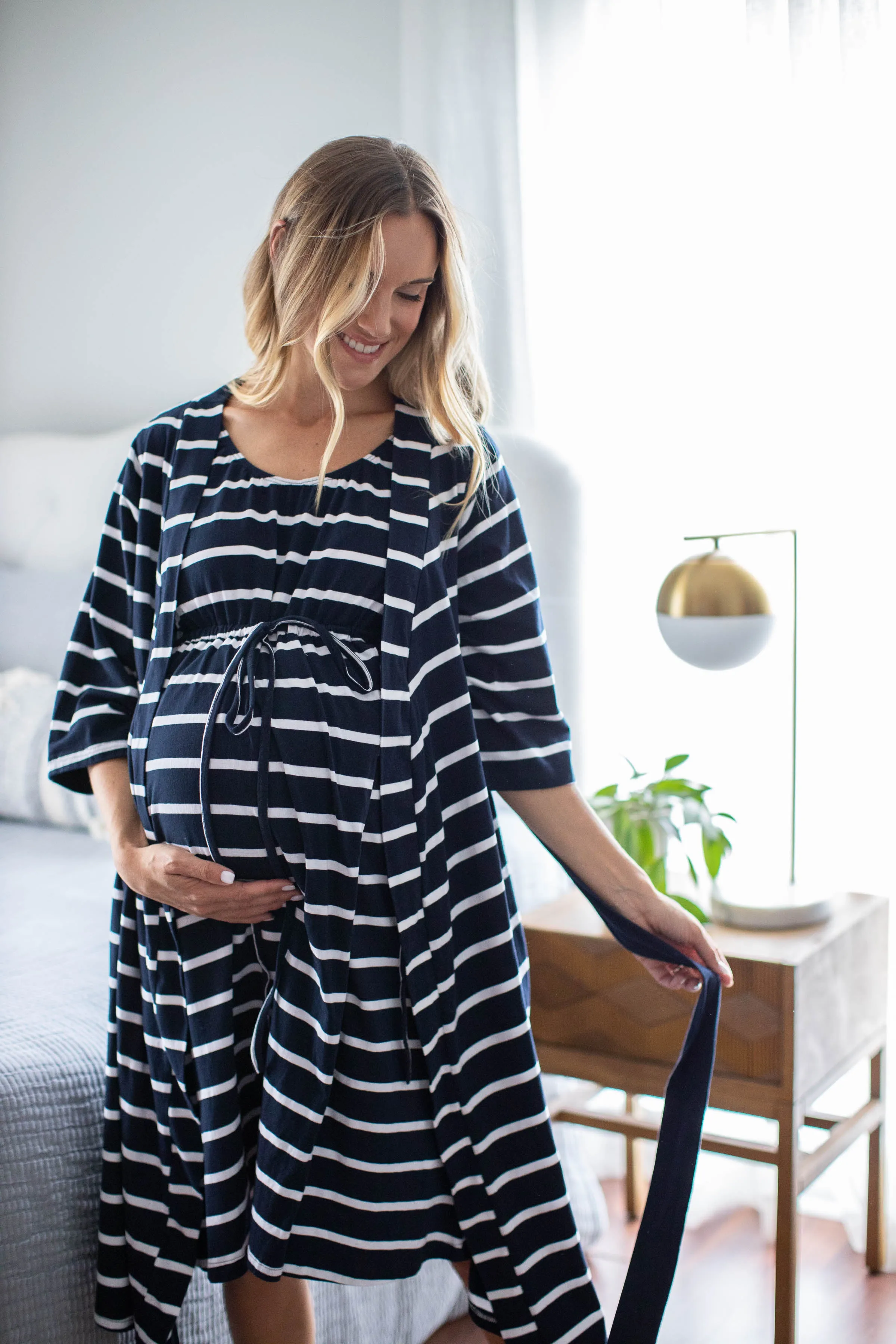 Navy Stripe 3 in 1 Labor Gown & Robe Set