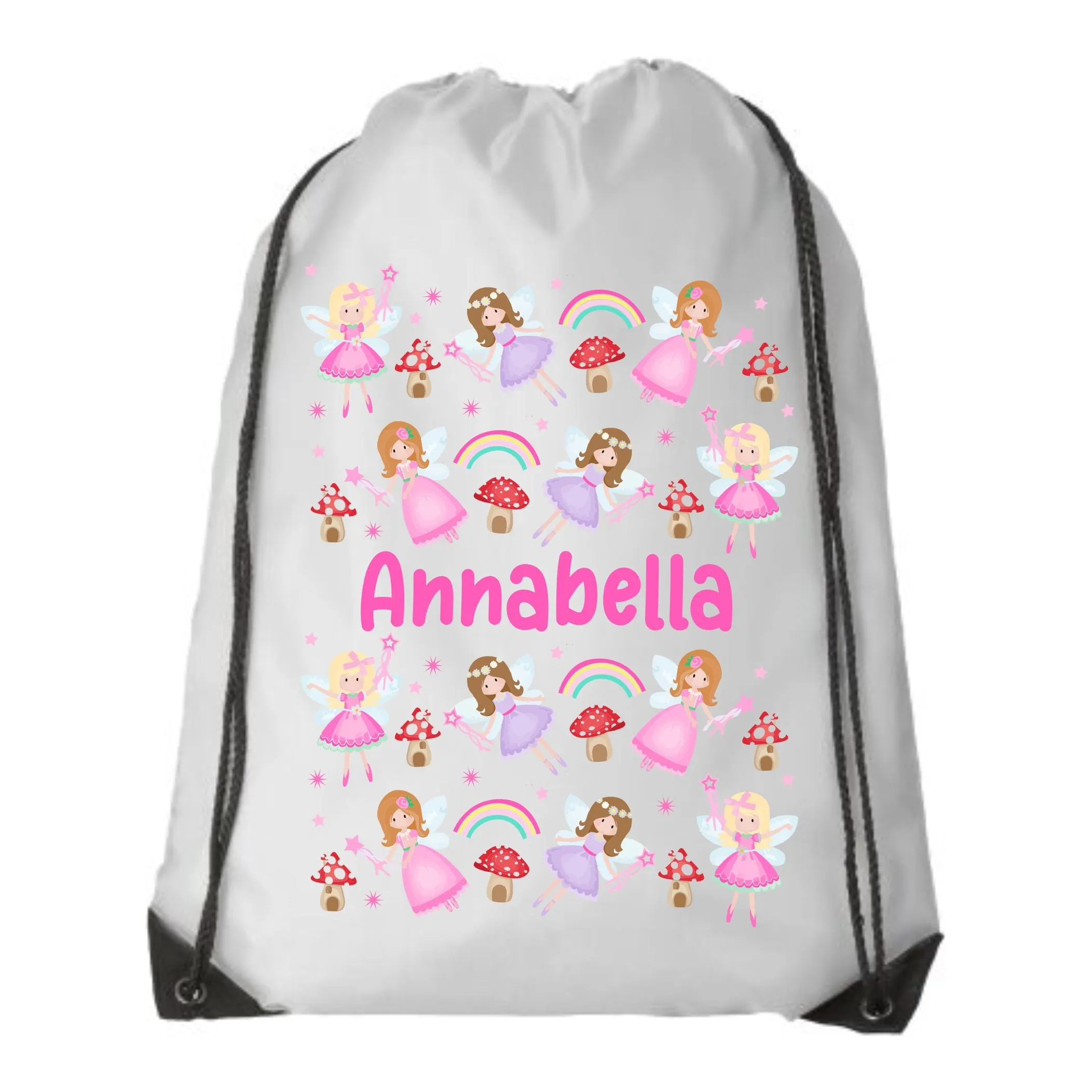 Personalised Fairies and Rainbow Kids Drawstring Bag - Swimming Bag - PE Bag - Fairy