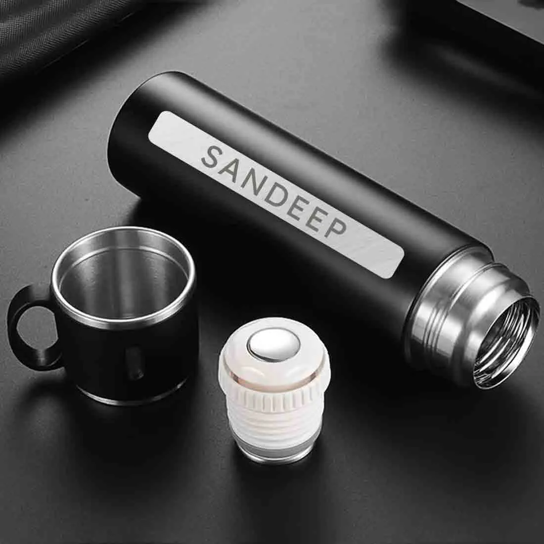 Personalised Stainless Steel Thermos Flask With 1 Cup for Tea Coffee- Add Name