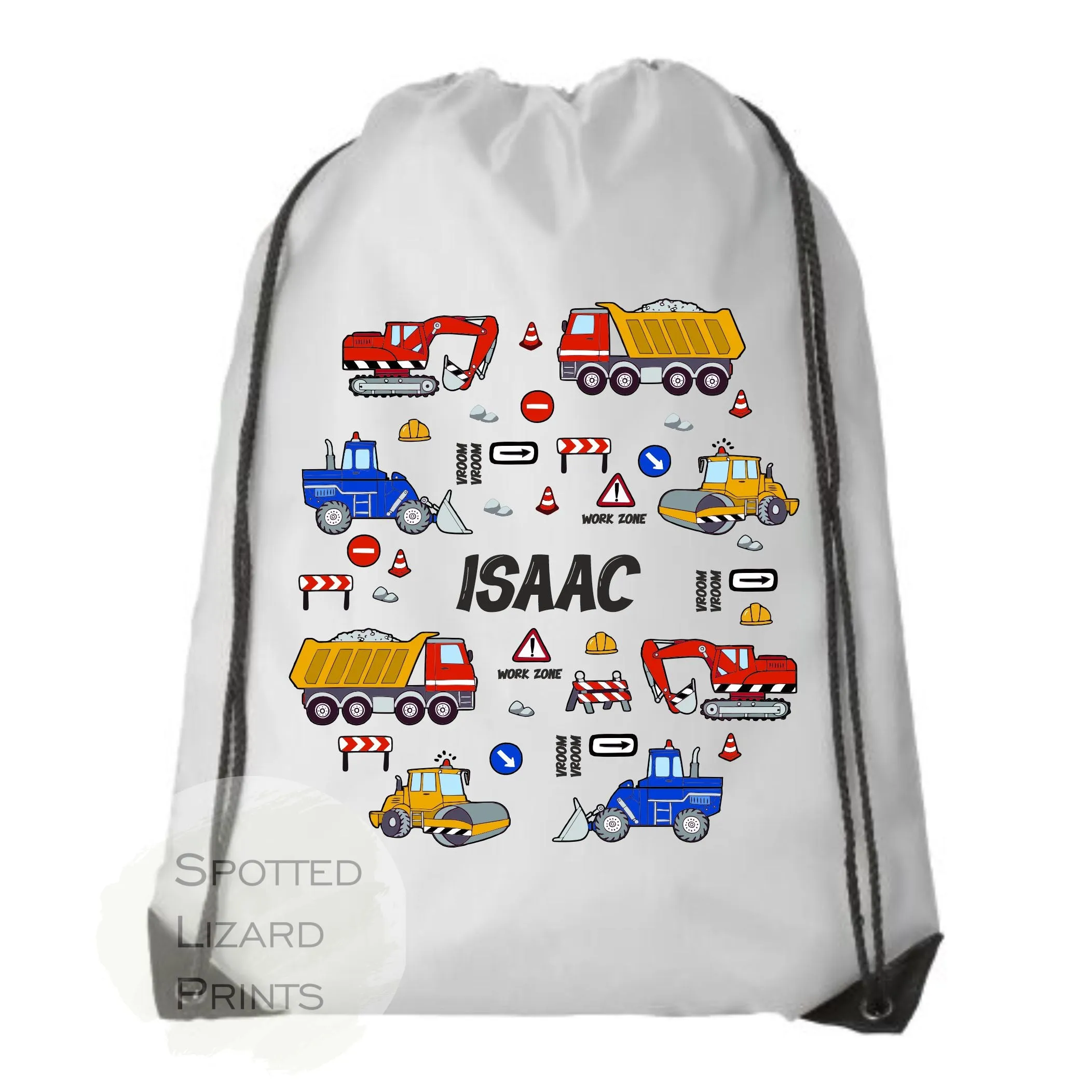 Personalised Trucks Drawstring Bag - PE Bag - Swimming Bag - I Love Diggers - Construction