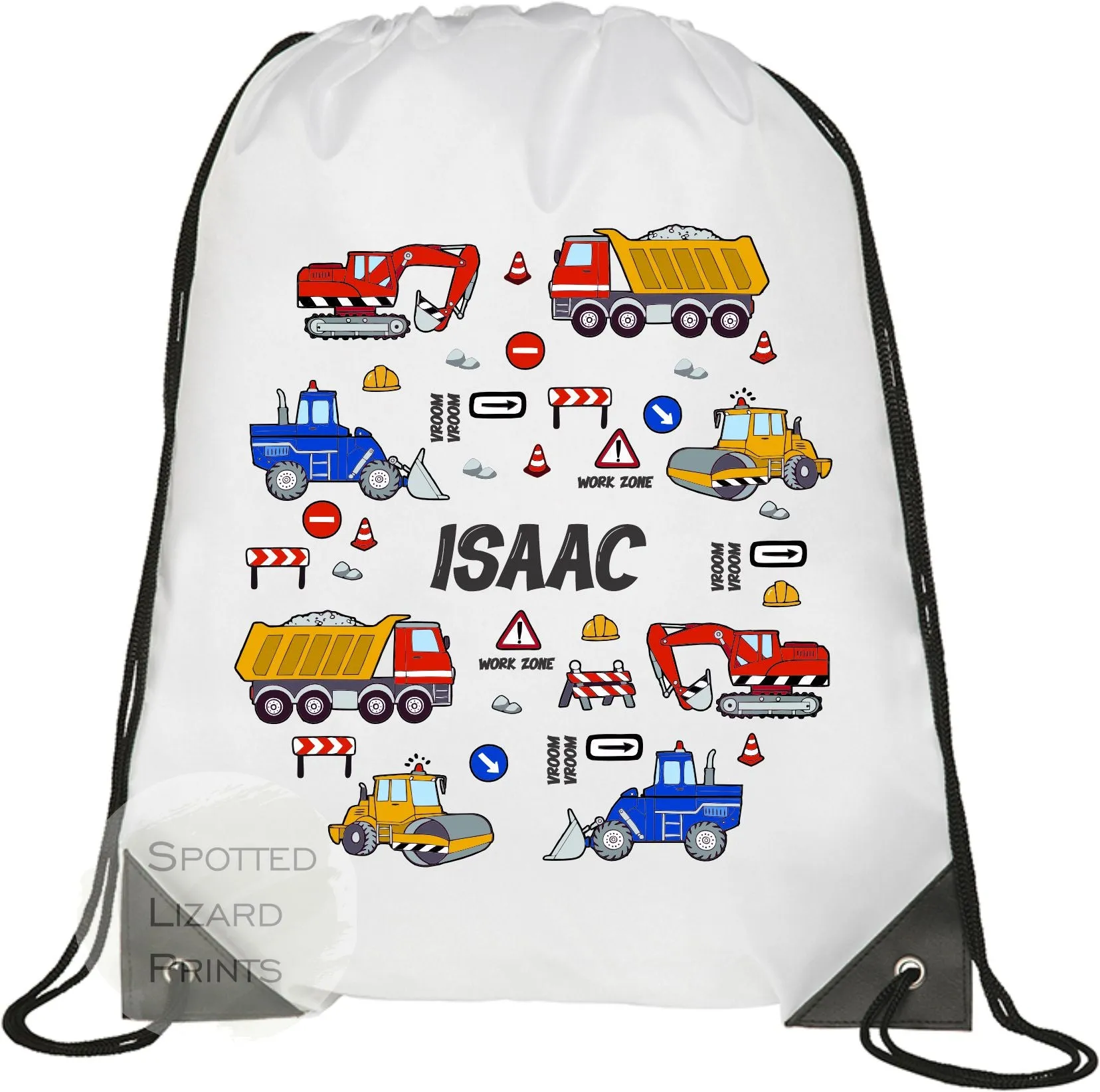 Personalised Trucks Drawstring Bag - PE Bag - Swimming Bag - I Love Diggers - Construction