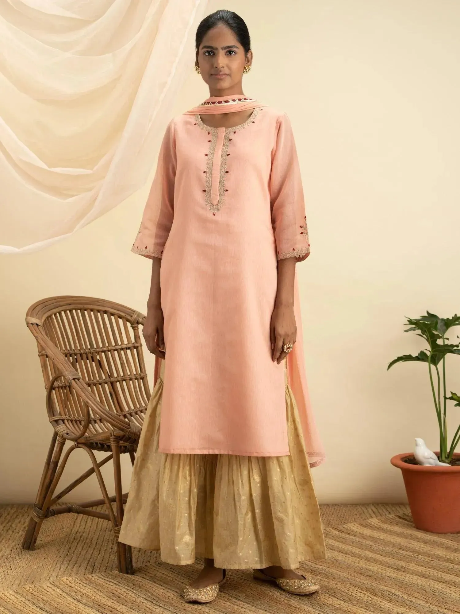 Pink Embroidered Silk Straight Kurta With Sharara & Dupatta