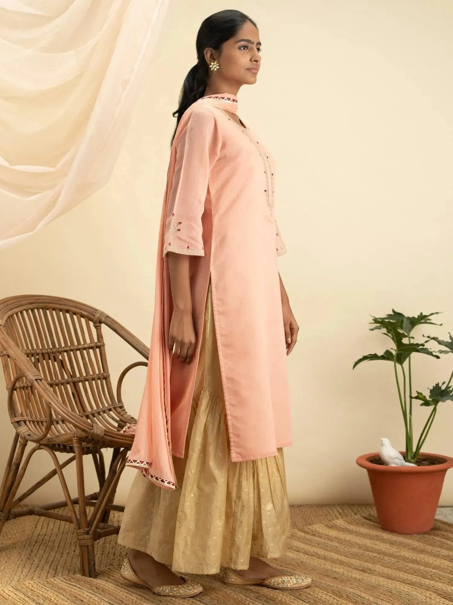 Pink Embroidered Silk Straight Kurta With Sharara & Dupatta