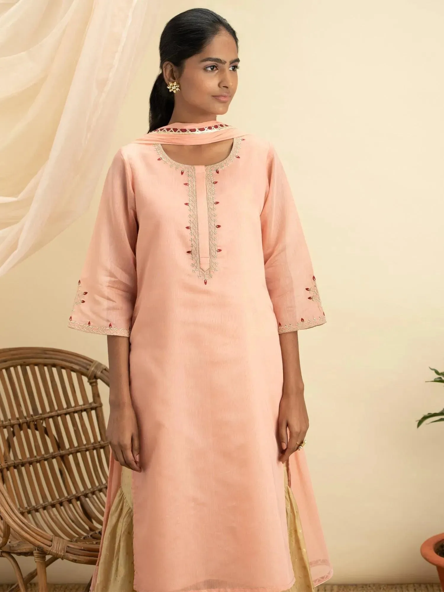 Pink Embroidered Silk Straight Kurta With Sharara & Dupatta