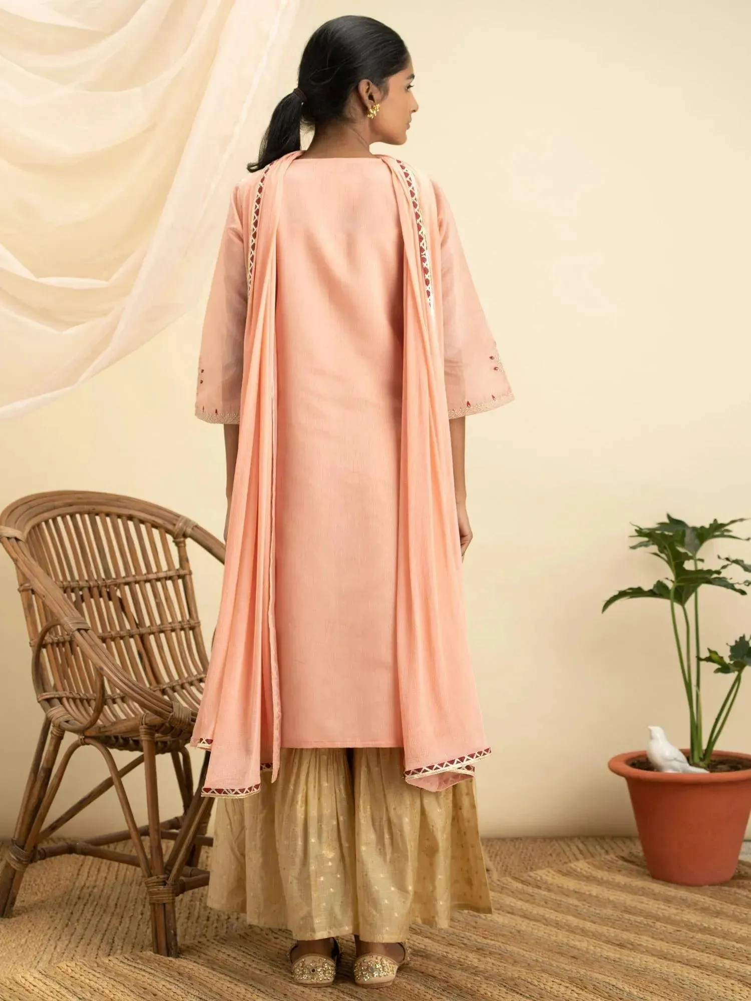 Pink Embroidered Silk Straight Kurta With Sharara & Dupatta