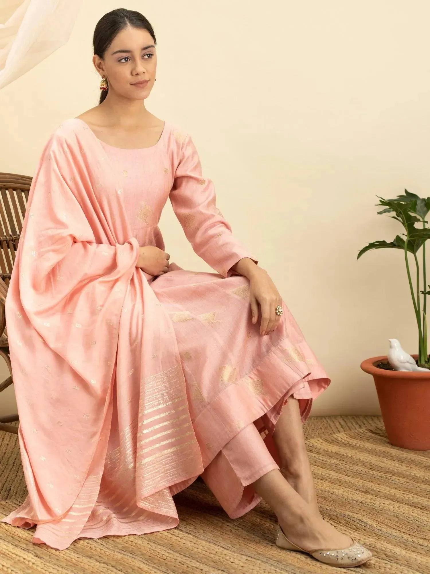 Pink Self Design Silk Anarkali Kurta With Palazzos & Dupatta