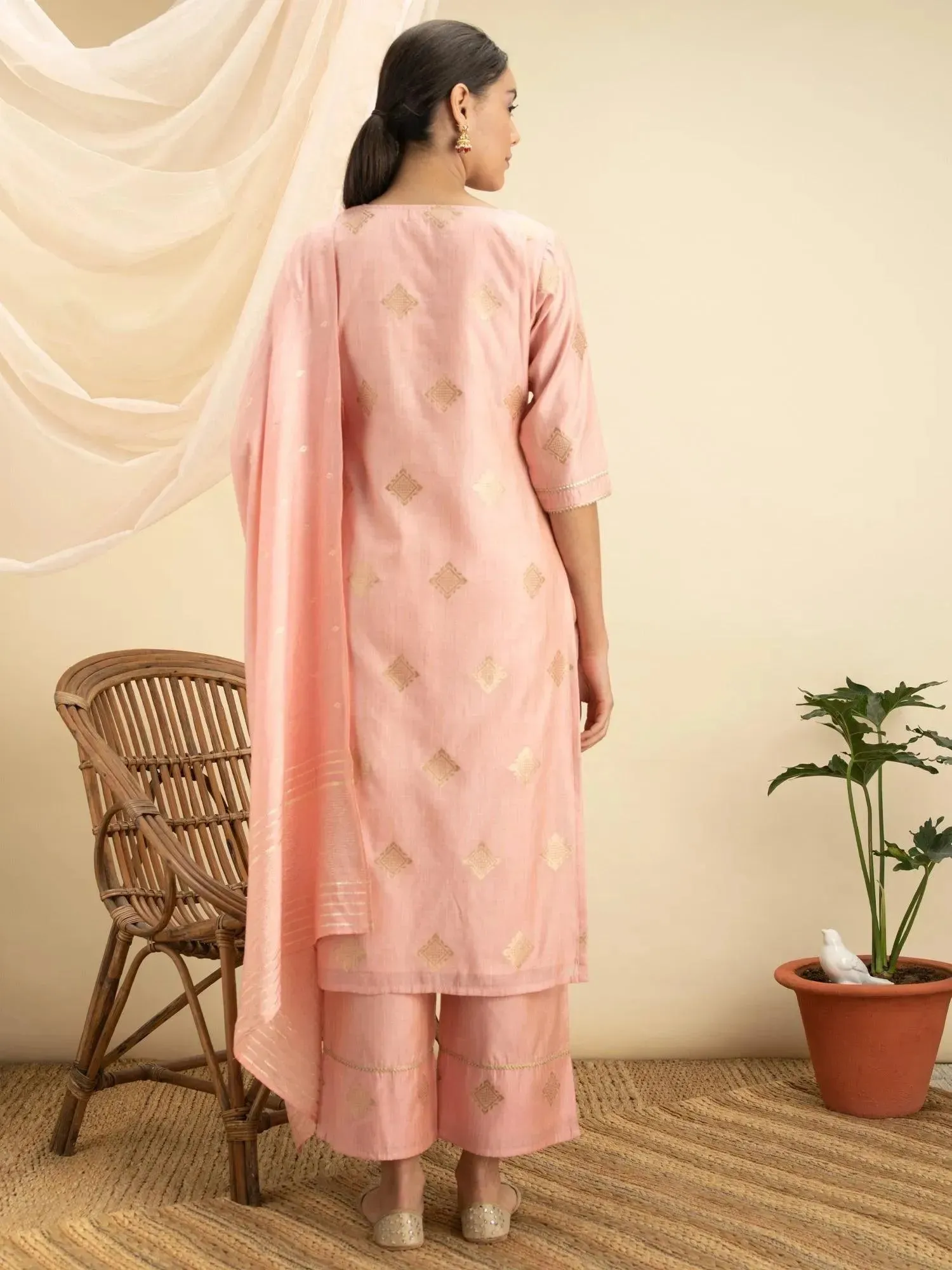 Pink Self Design Silk Straight Kurta With Palazzos & Dupatta